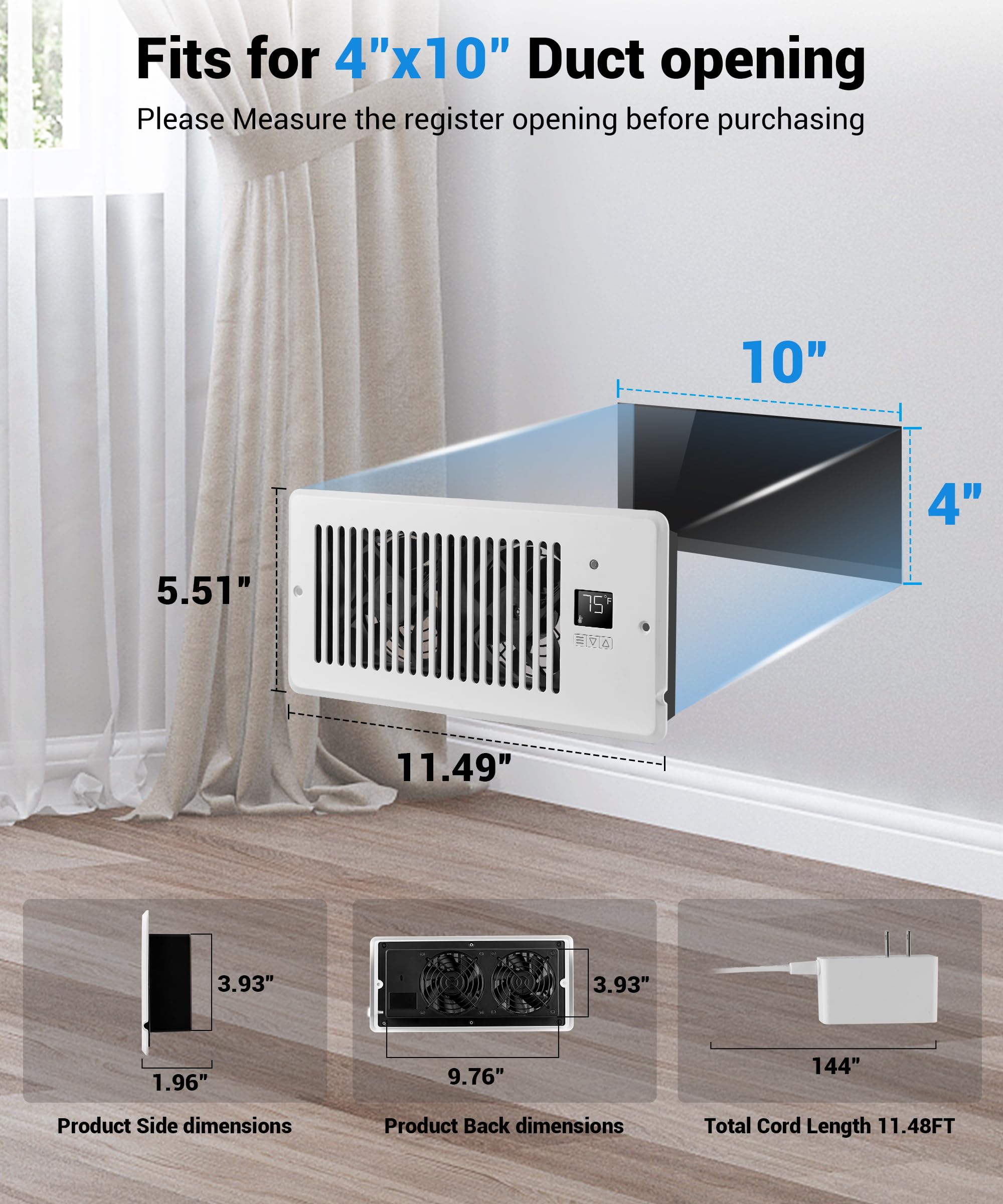 Xtop Window Register Booster Vent Fan For 4 '' X 10 '' Register Hole, Vent Booster Fan With Lcd Display & Thermostat,11-Speeds H