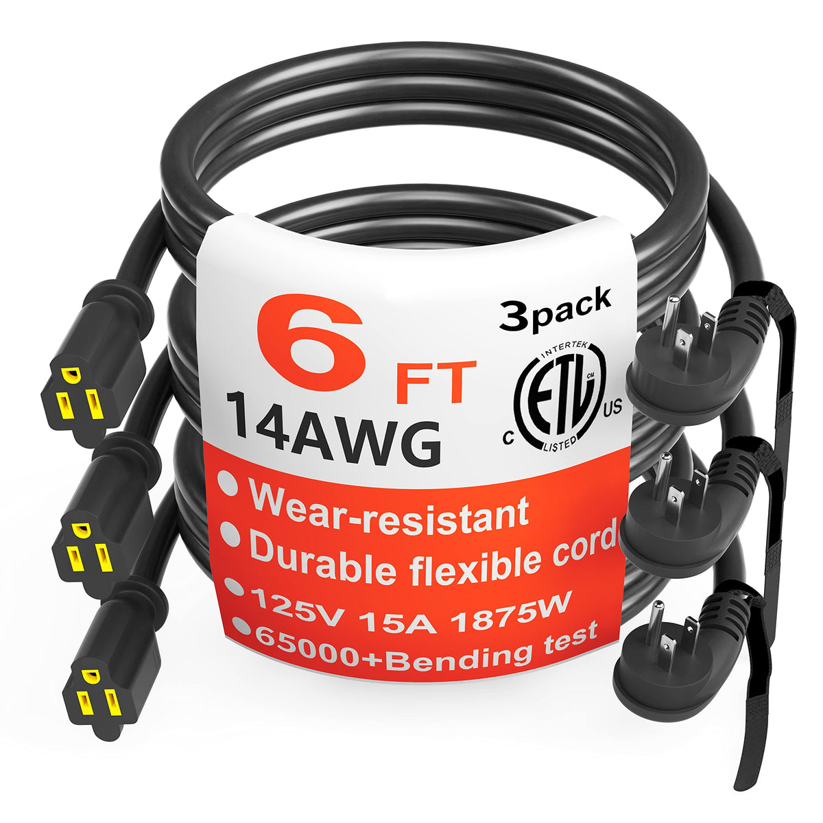 Huanchain 14 Gauge 6 Feet (3 Pack) Flat Plug Extension Cord Black Indoor Outdoor, Heavy Duty 3 Prong Grounded Low Profile Extens