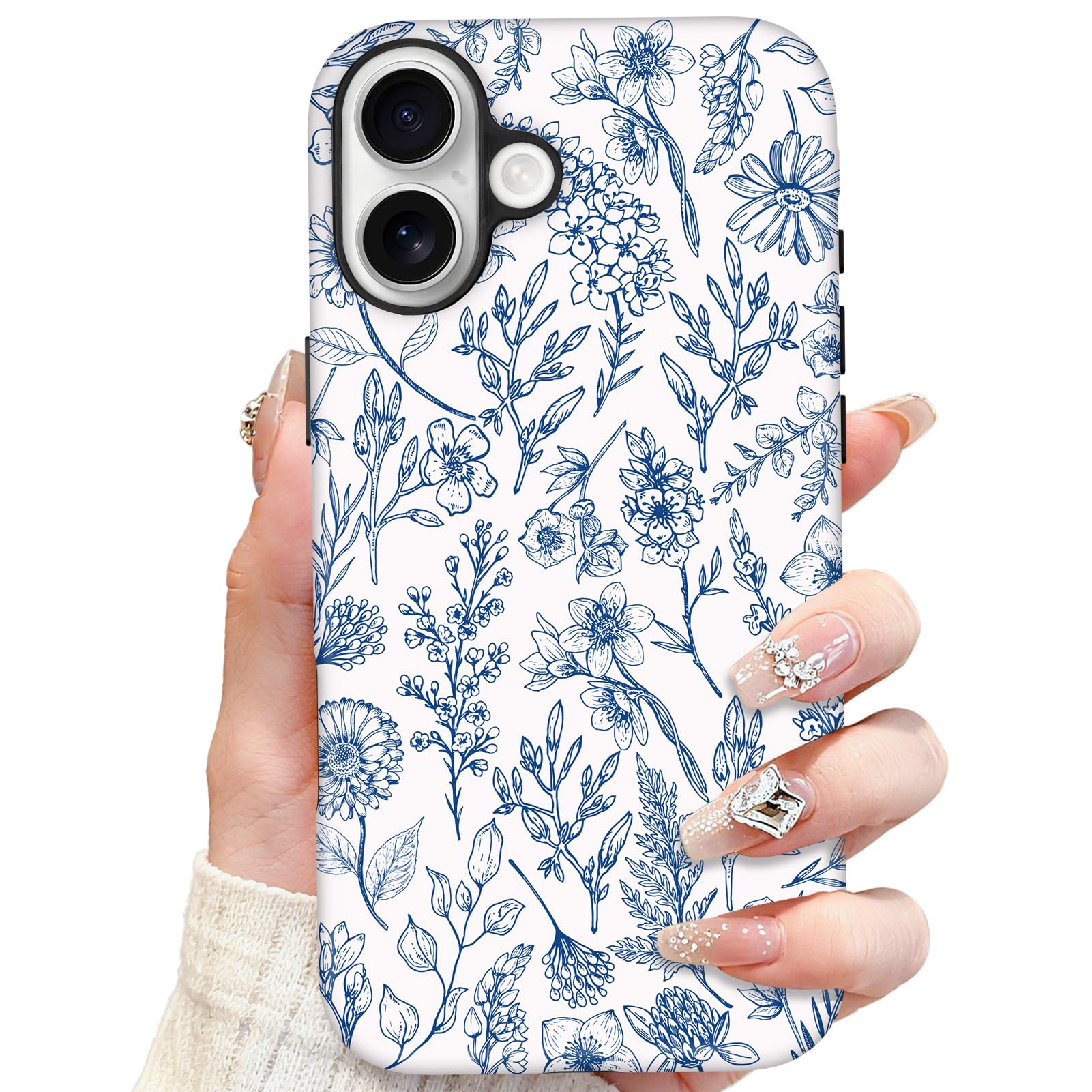 SOKAD Magnetic Sage Floral Phone Case for iPhone 17, Vintage Blue Flower Pattern Compatible with Magsafe Matte Protective Case C