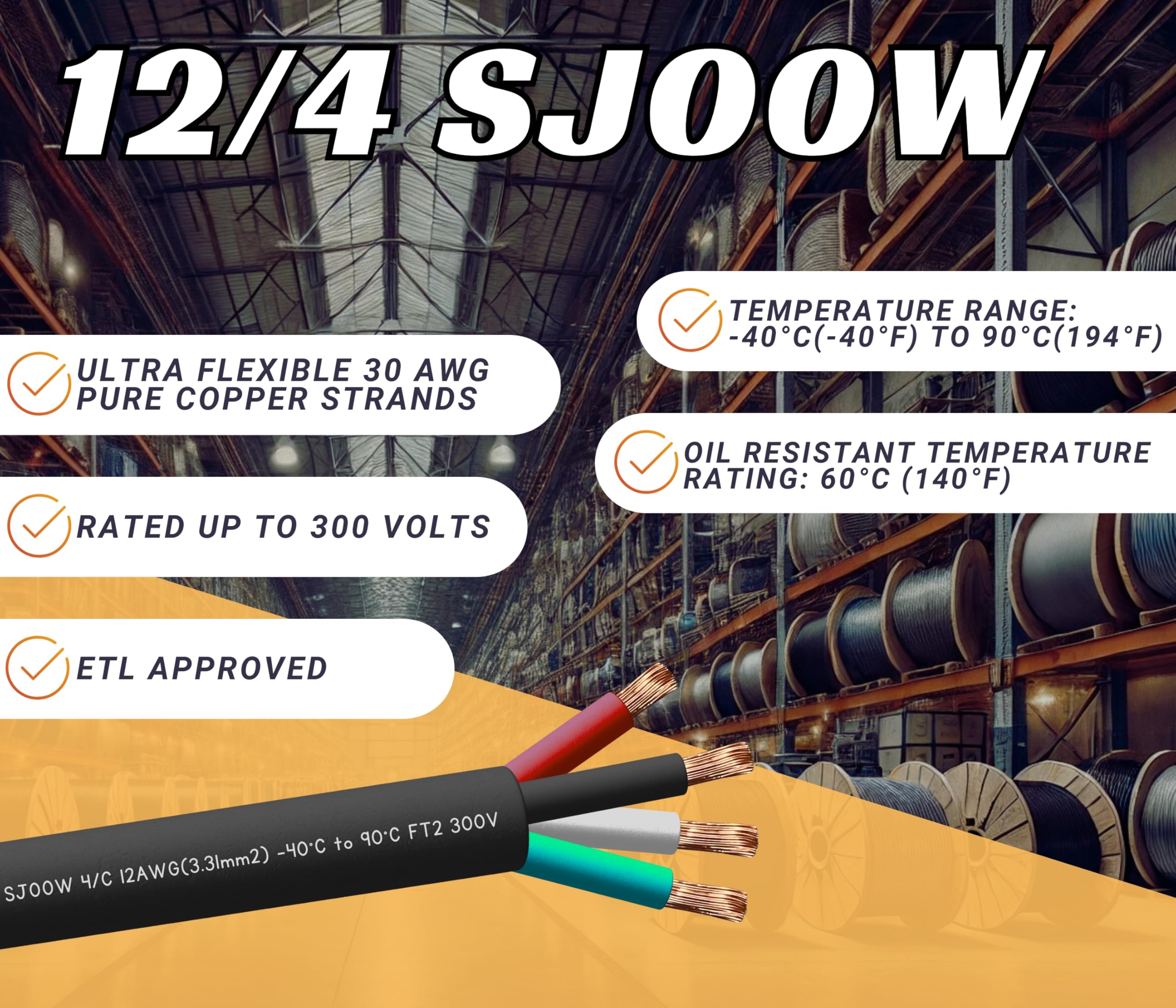 50 Feet 12/4 Sjoow Cable Cord 12 Awg 4 Conductor So Wire   12 Gauge 4 Conductor (12/4 Wire) 300V Portable Power Extension Cable