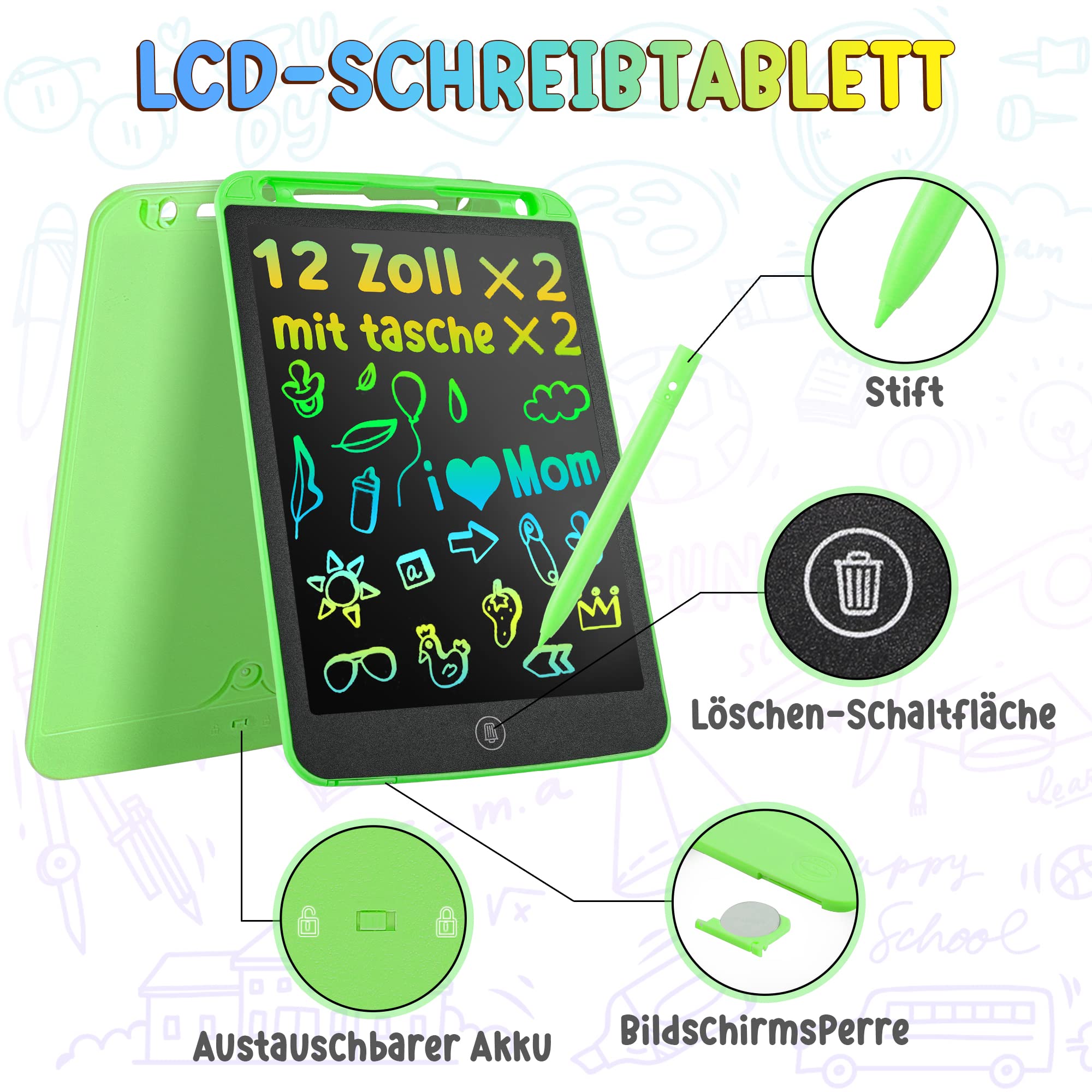 2 Pack Lcd Writing Tablet For Kids Doodle Board 12 Inch With 2 Bag, Electronic Drawing Tablet Drawing Pad, Leyaoyao Drawing Boar