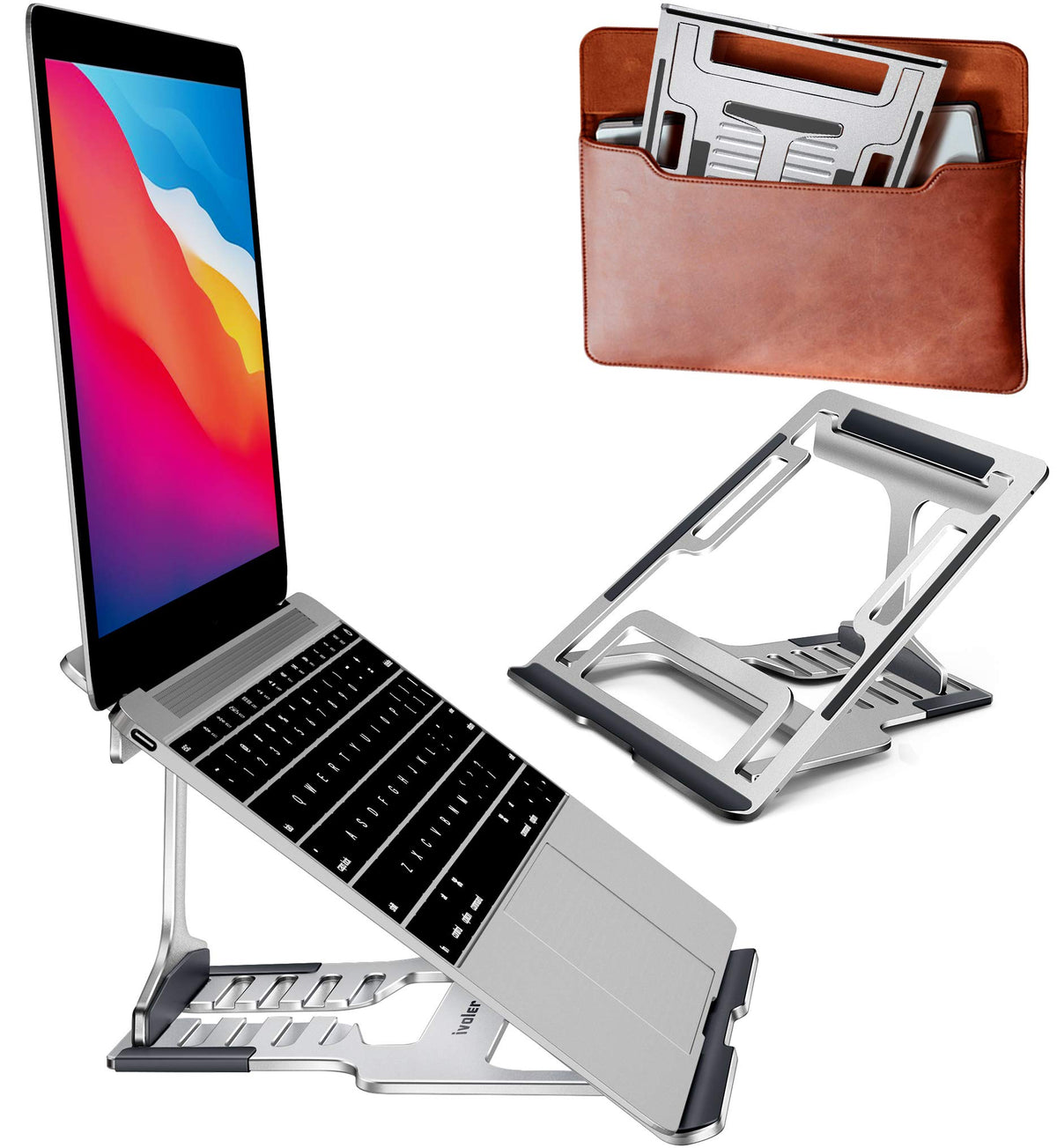 Ivoler 2 In 1 Laptop Riser Stand, 6 Angles, 3 Folding Modes,Portable Ergonomic Angled Laptop Aluminum Stand Adjustable Height Laptop Holder With Slide Proof Silicone For Laptop 10''~15.6'' (Silver)