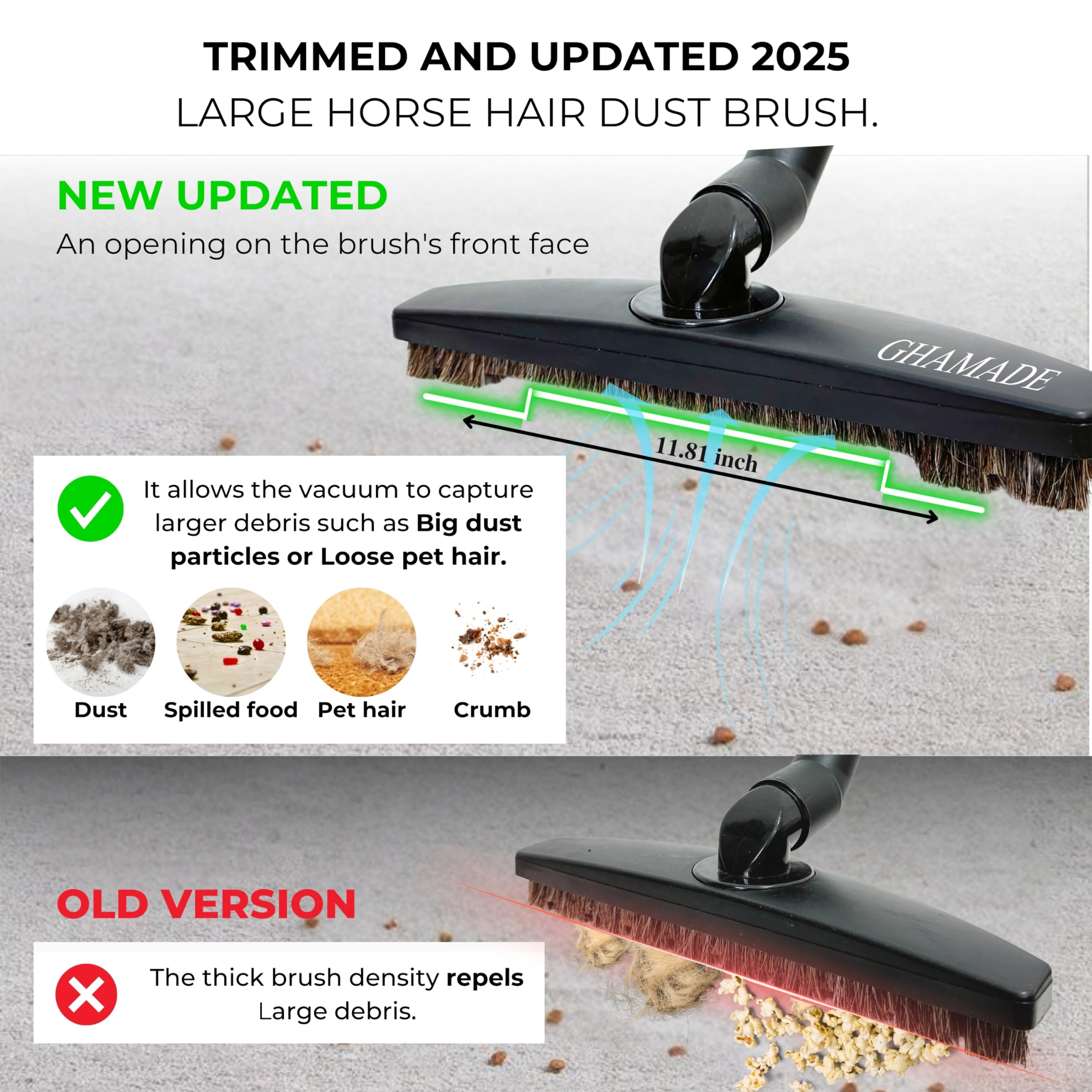 Vacuum Floor Brush & Extension Wand For Universal Vacuum Cleaners With 1  Inch (1.25'') (32Mm) Inner Diameter With Horse Hair So