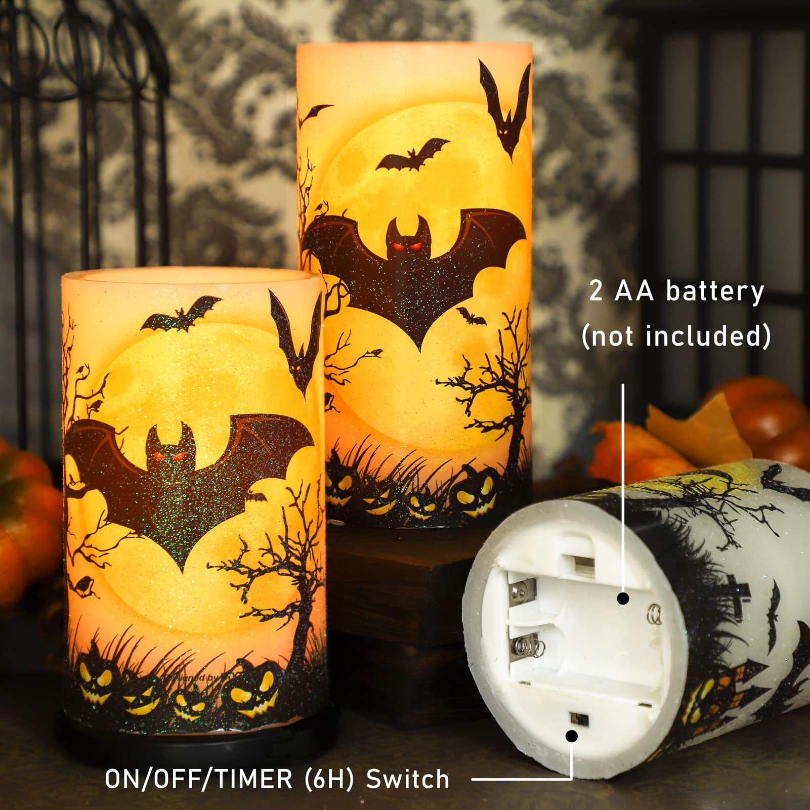 Flavcharm Halloween Decorations Led Candles With Bats Moon Big House Pumpkin Battery Operated Remote Timer Dim Glitter Design Re