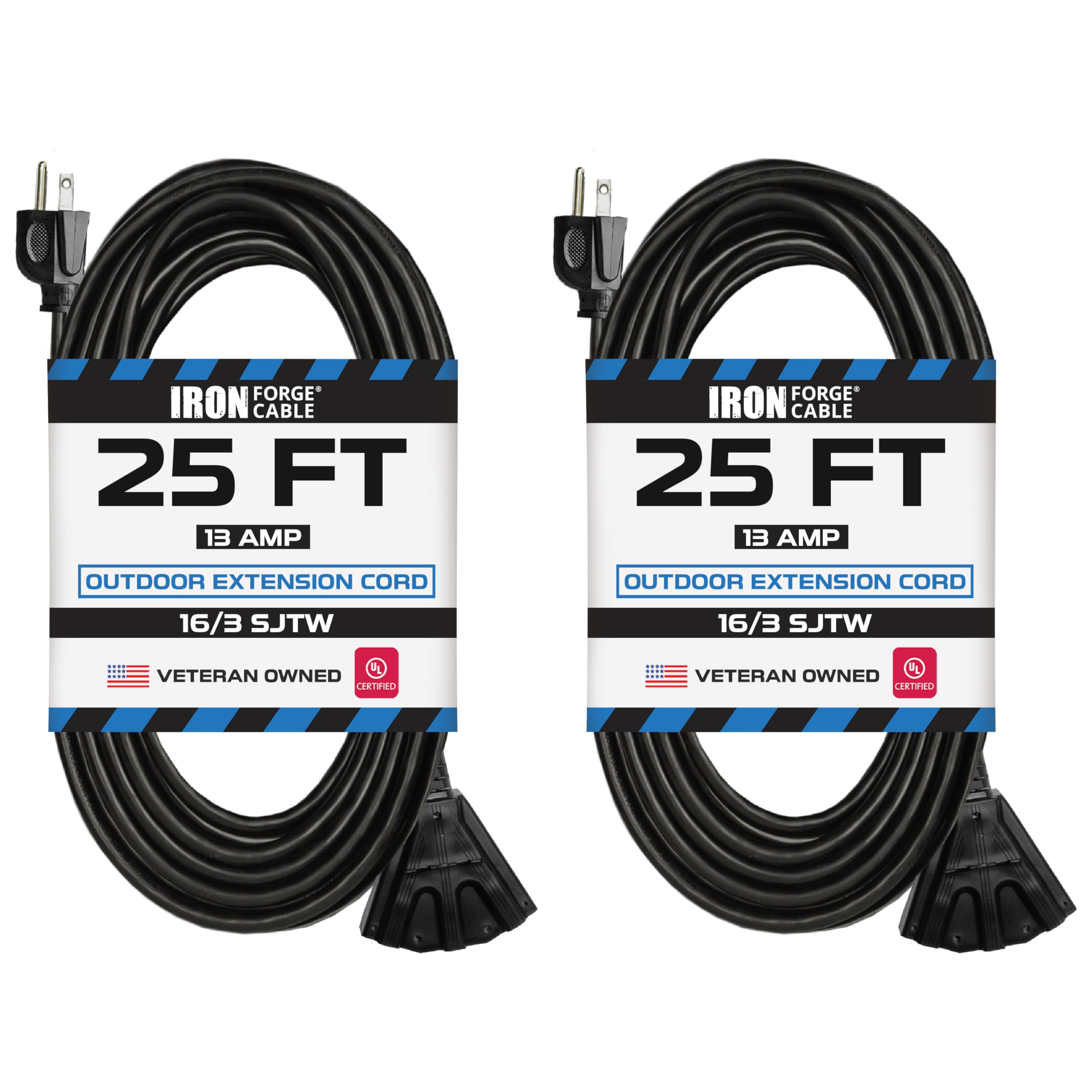 Iron Forge Cable 2 Pack Of 25 Ft Outdoor Extension Cords With 3 Electrical Power Outlets   16/3 Sjtw Durable Black Cable With 3