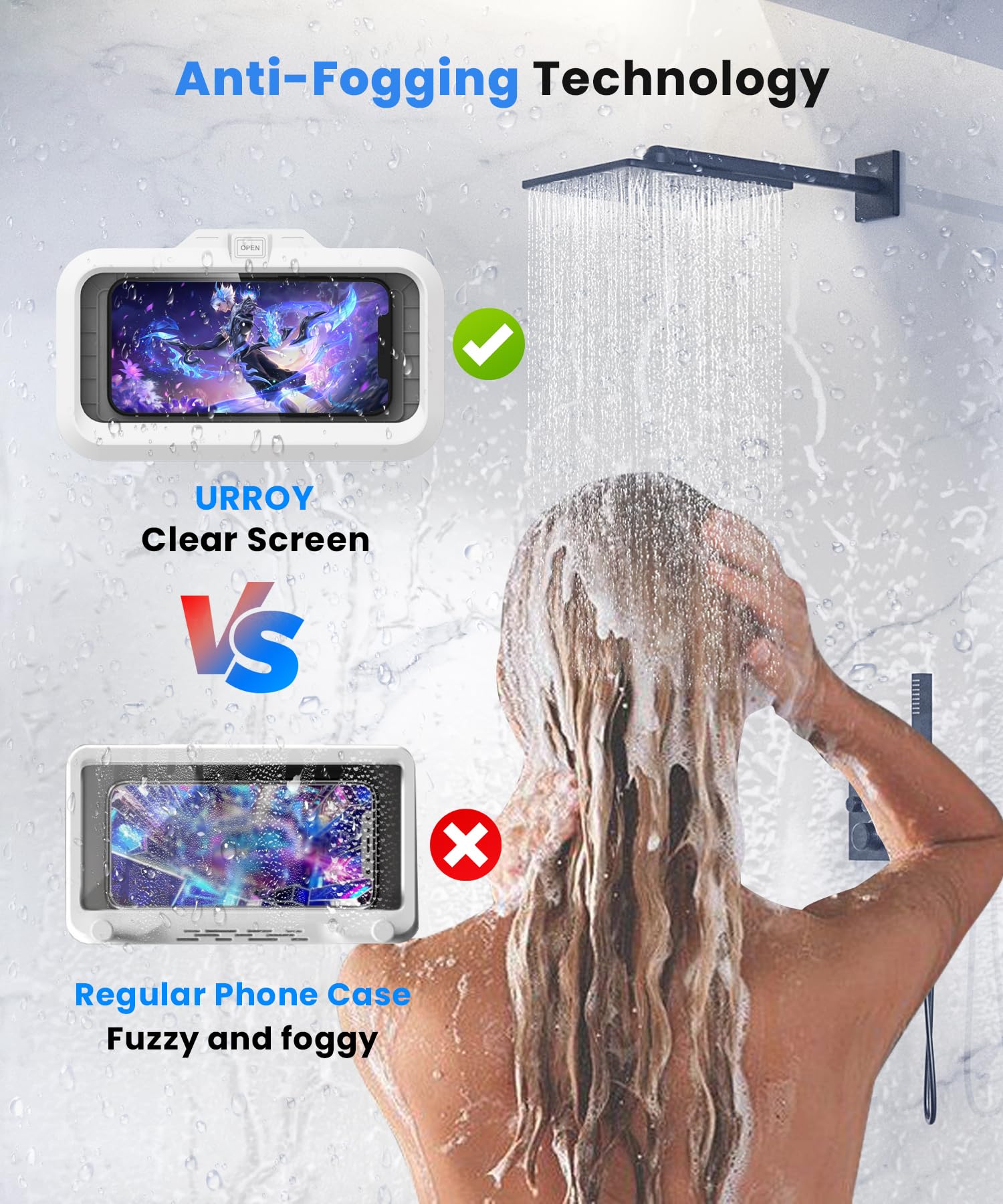 Urroy Shower Phone Holder Waterproof One-Touch Open Shower Phone Case Anti-Fog & Sensitive Touchscreen Bathroom Wall Phone Mount