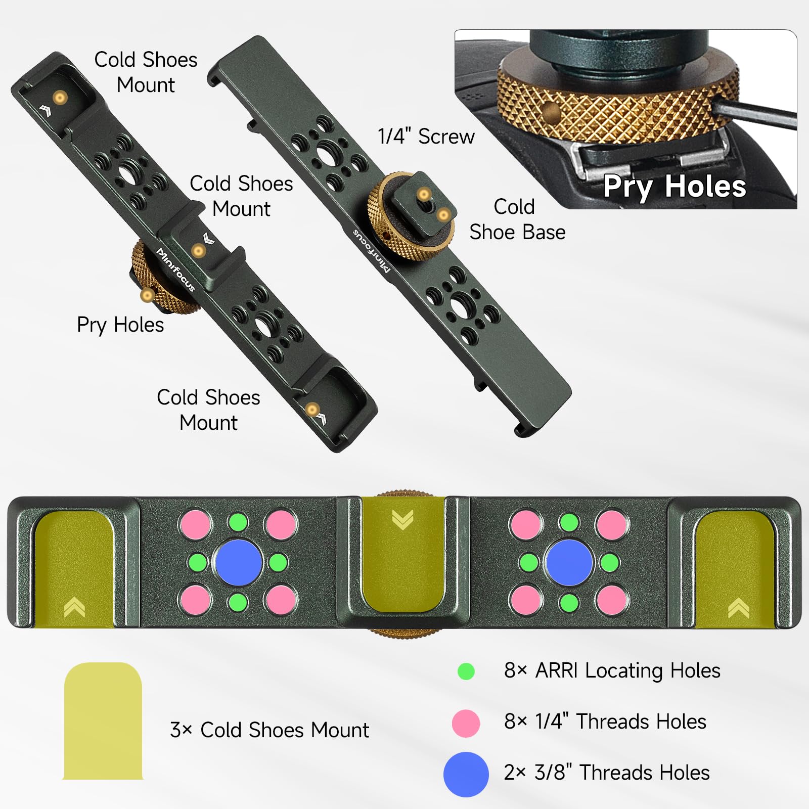Minifocus Triple Cold Shoe Extension Bar Mount, Aluminum Alloy Hot Shoe Mount Bracket With 1/4 Thread Holes For Dslr Camera Micr
