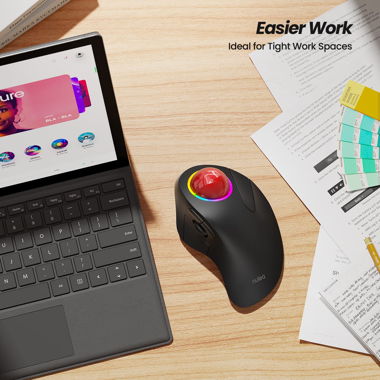 Nulea M505B Wireless Trackball Mouse, Rechargeable Ergonomic Rgb Rollerball Mouse, Easy Index Finger Control With 5 Adjustable D