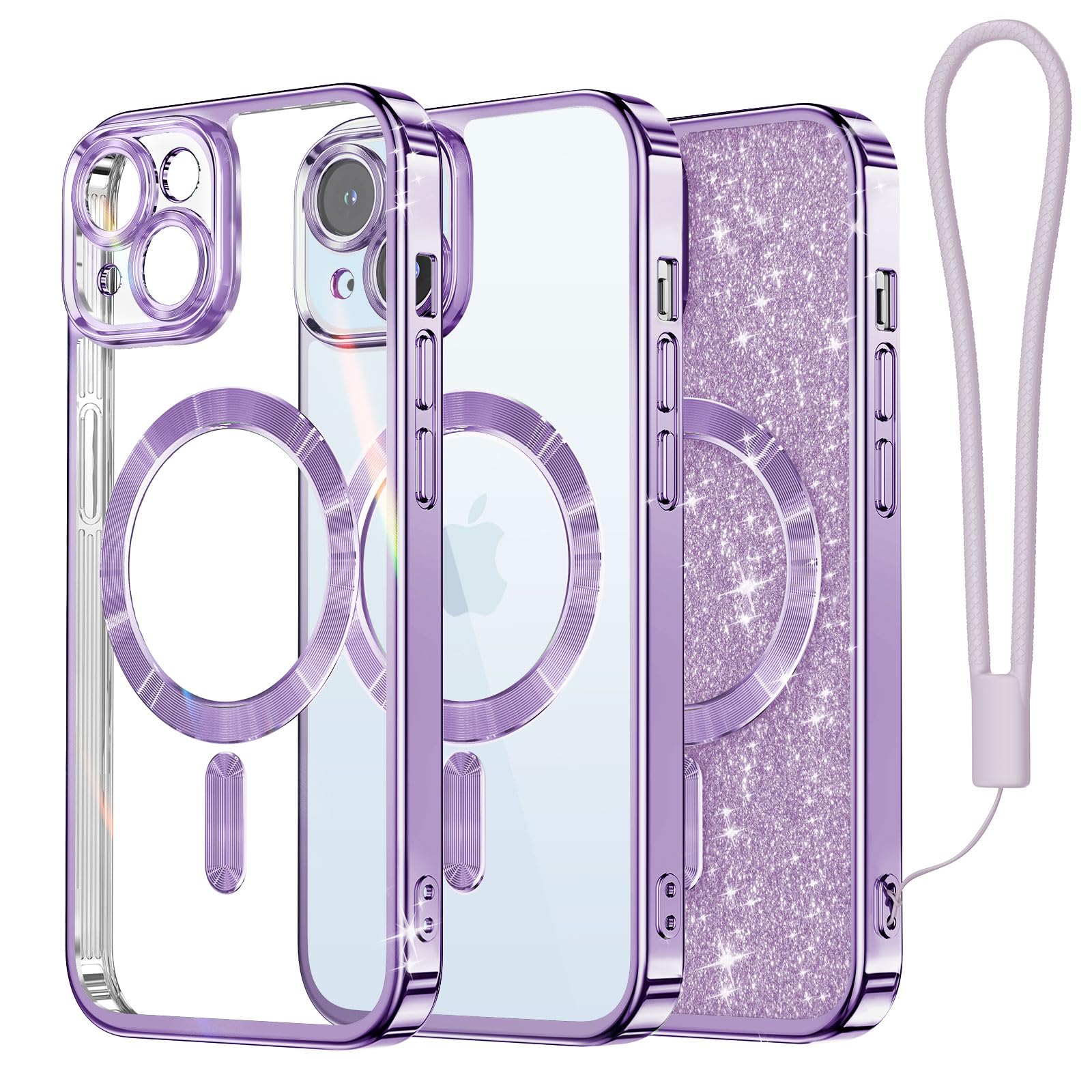 Meifigno Candy Mag Series Case For Iphone 15, [Compatible With Magsafe] [Wrist Strap & Glitter Card] Full Camera Lens Protection