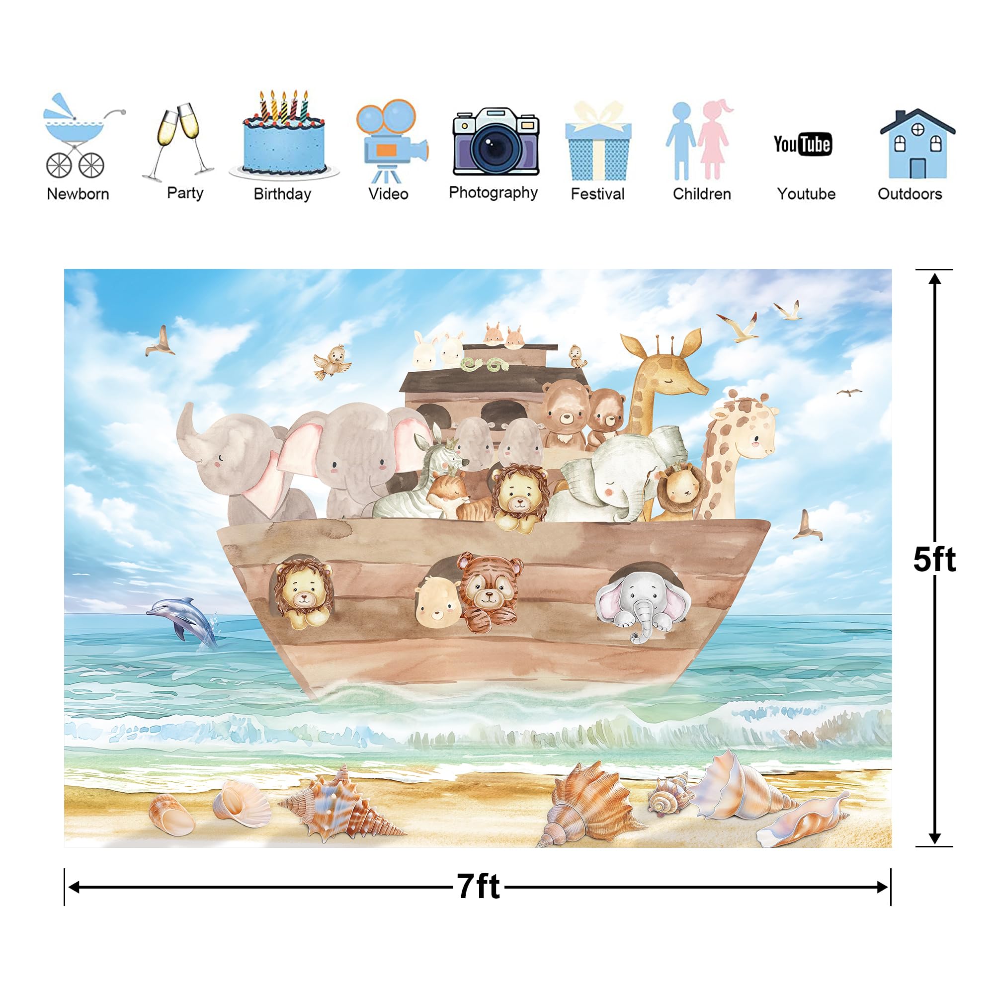 Glawry Noah'S Ark Baby Shower Backdrop 7Wx5H Feet Cute Cartoon Ocean Beach Woodland Safari Animal Wood Ocean Summer Newborn Part