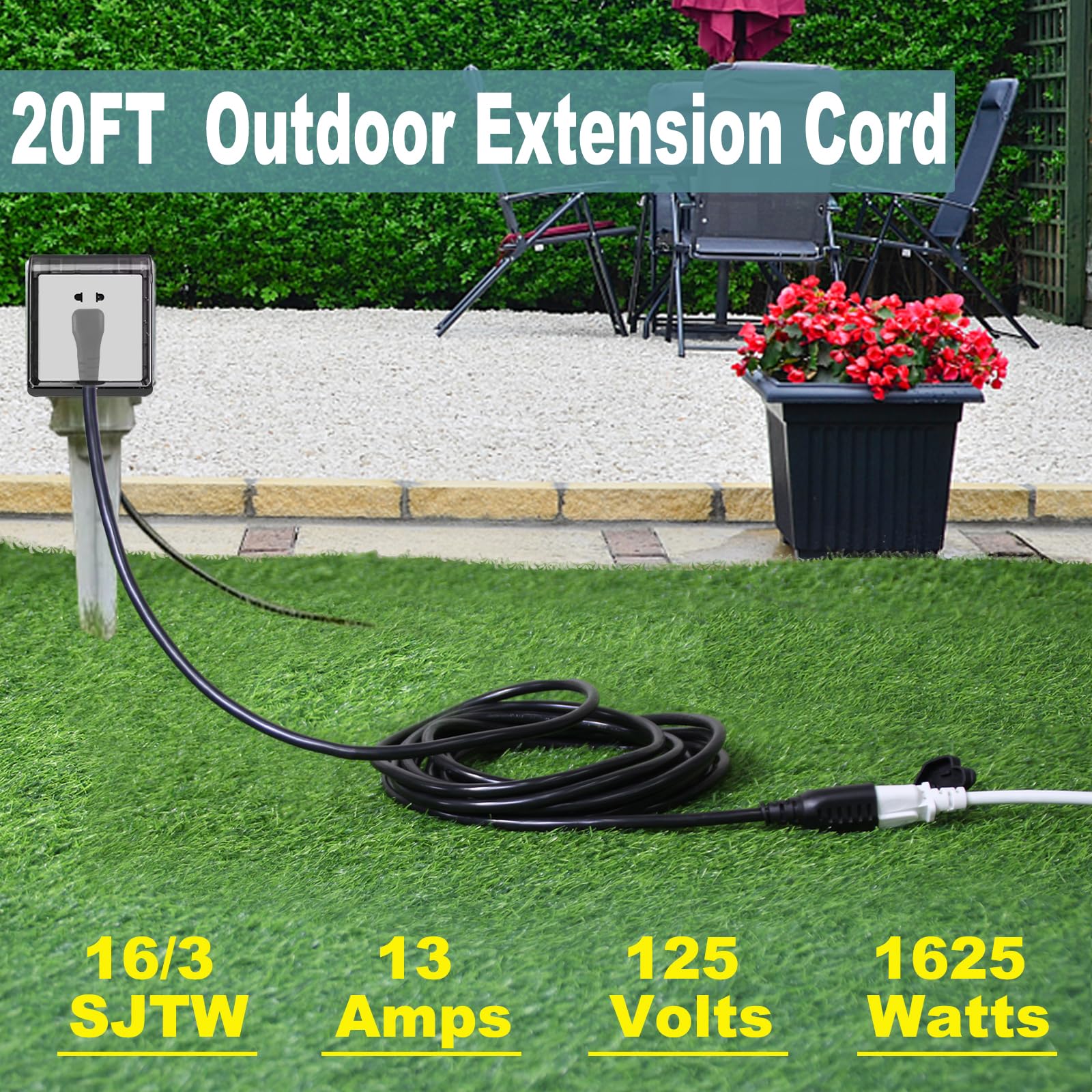 20Ft Black Outdoor Extension Cord   16Gauge Sjtw Garden Extension Cord With Flat Plug, 1625Watt Weatherproof Resistant Jacket 3P