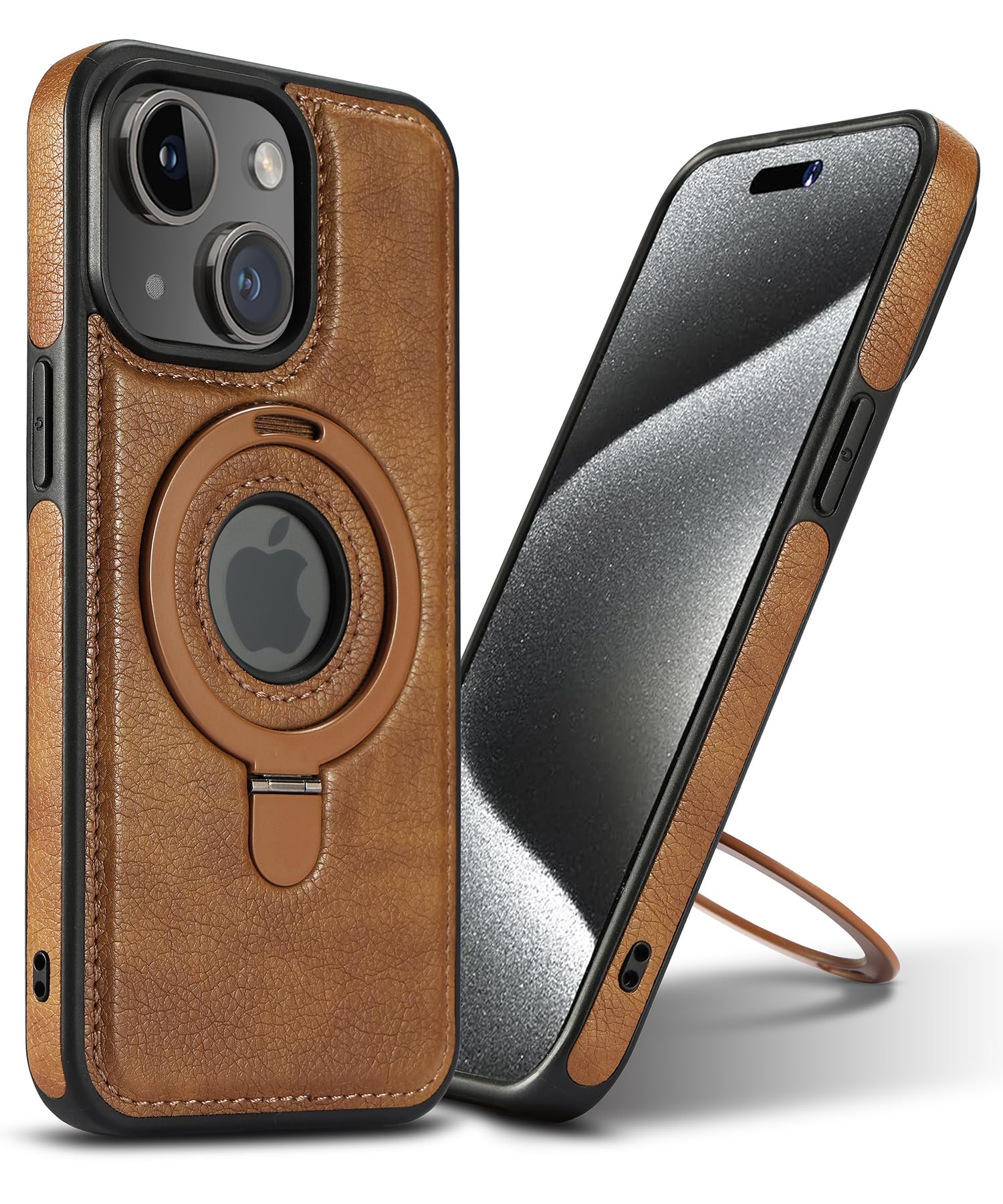 Vauserdy Magnetic For Iphone 14 Plus Leather Case,Invisible Stand [Compatible With Magsafe] Slim Kickstand Phone Cove (Brown, Ip
