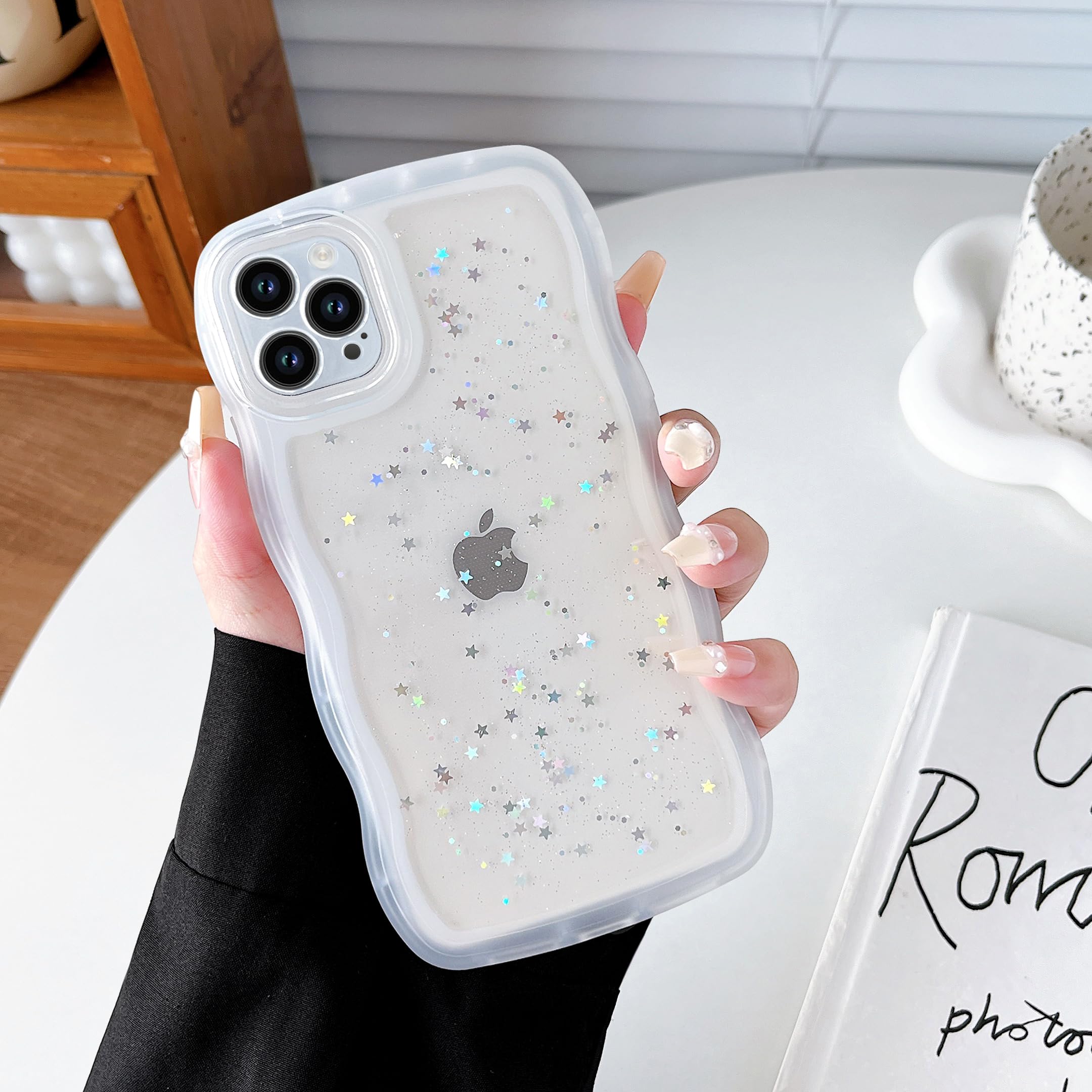 Qokey For Iphone 12 Pro Max Case 6.7'' Curly Wave Design Edge Transparent Bling Glitter Star Shiny Case Cute Clear Transparent F