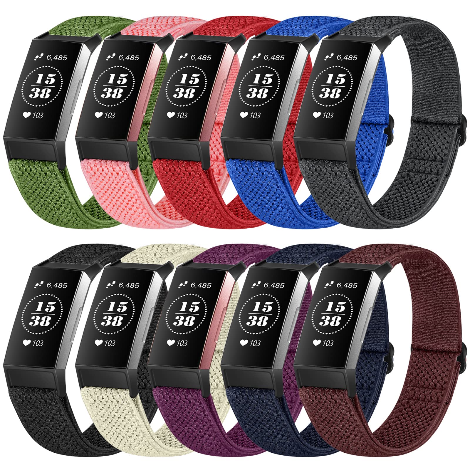 Huamanlou 10 Pack Solo Loop Elastic Nylon Watch Bands Compatible With Fitbit Charge 4/Charge 4 Se/Charge 3/Charge 3 Se Bands, Ad