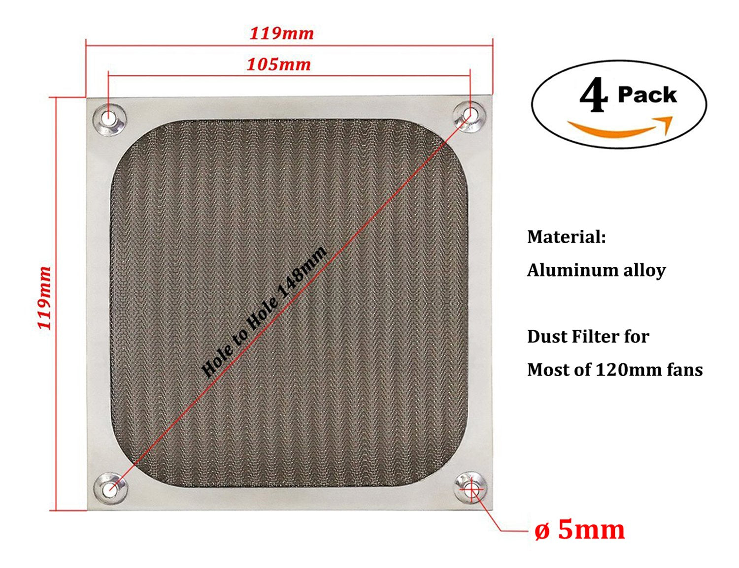 120Mm Computer Fan Filter Grills With Screws, Ultra Fine Aluminum Mesh, Silver Color   4 Pack