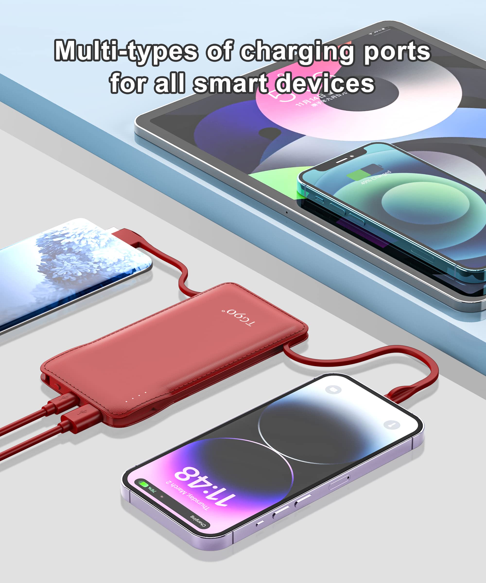 Tg90 Portable Charger 10000Mah Cell Phone Battery Backup, Ultra Slim Power Bank With Built In Cables, Portable Phone Charger Bat