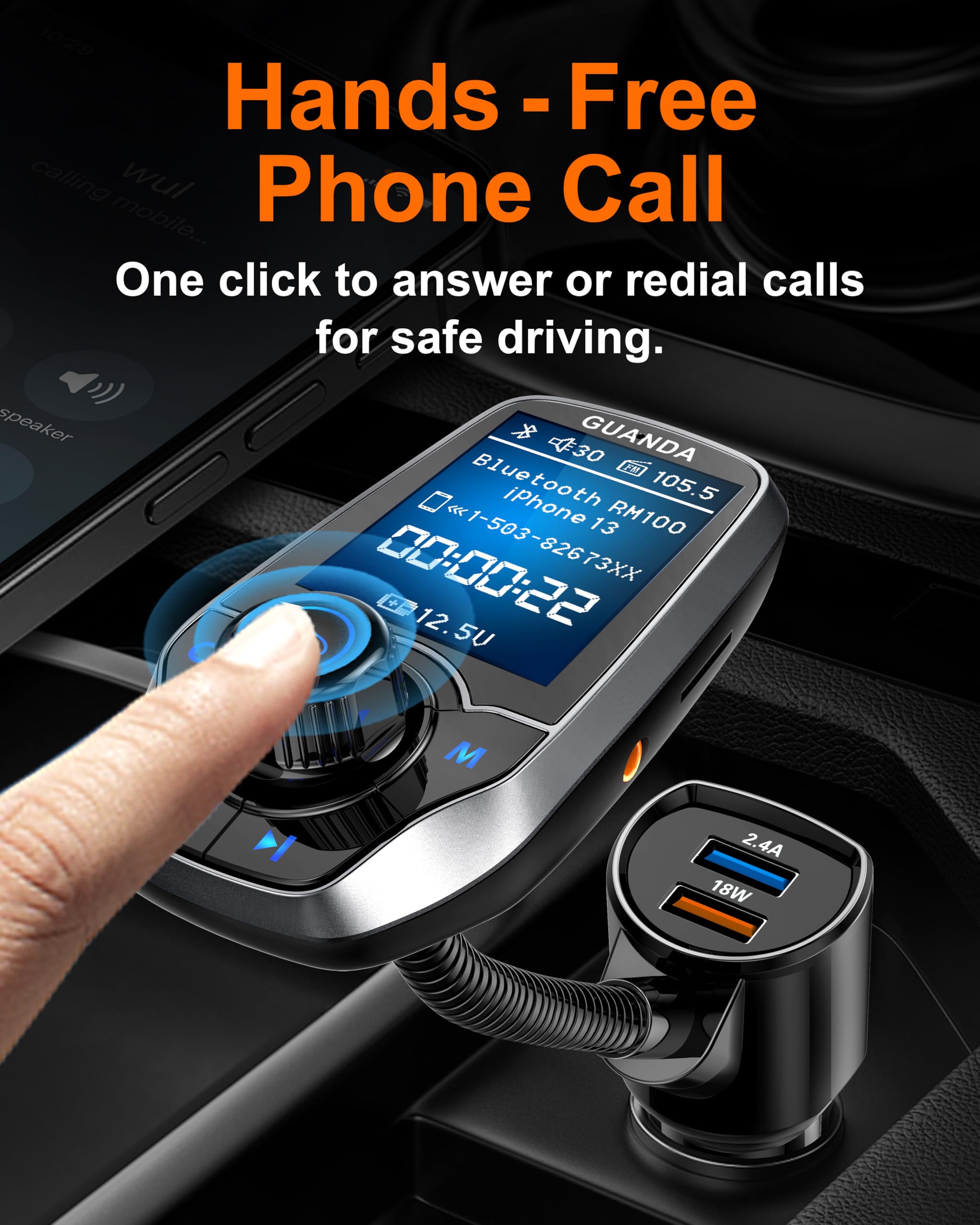 Upgraded Bluetooth Fm Transmitter For Car, Wireless Radio Adapter Kit W 1.8'' Color Display Hands Free Call Aux In/Out Sd/Tf Car