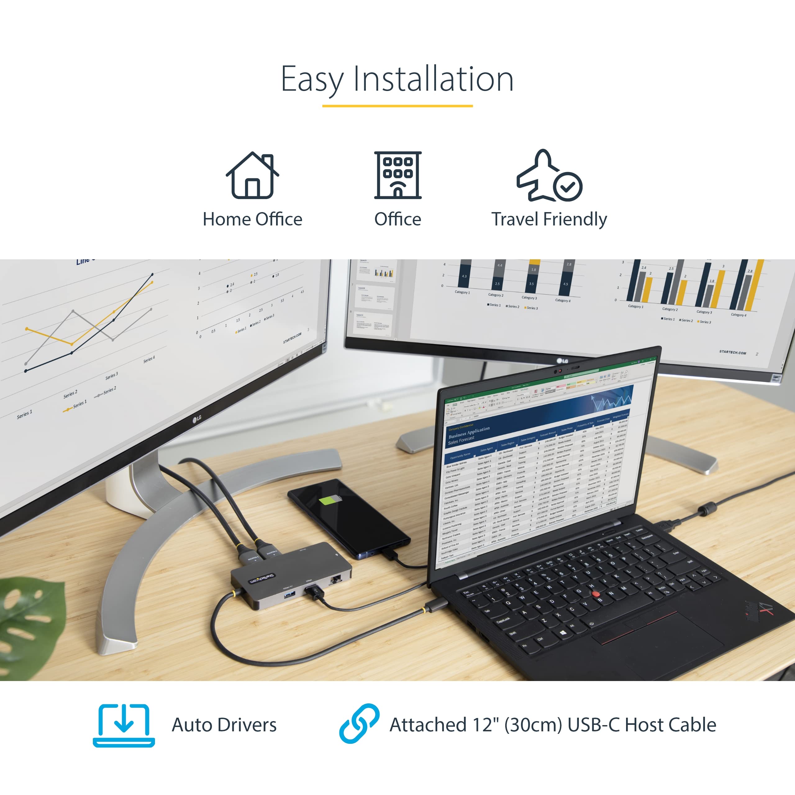 Startech.Com Usb C Multiport Adapter Dual Hdmi Video 4K 60Hz 2Pt 5Gbps Usb A Hub 100W Pd Passthroughgbesd 12 Cable Laptop Dockin