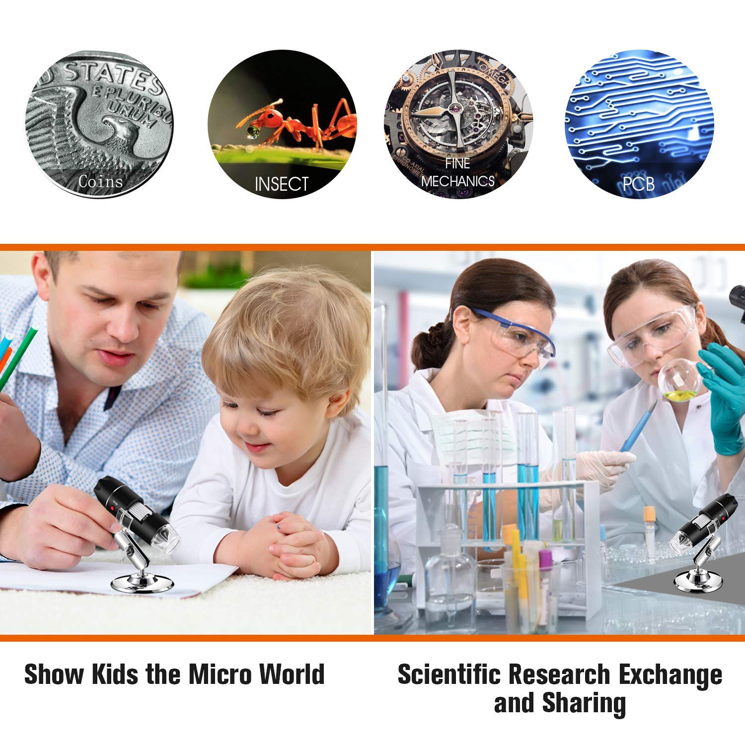 Bysameyee Usb Digital Microscope 40X To 1000X, 8 Led Magnification Endoscope Camera With Carrying Case & Metal Stand, Compatible