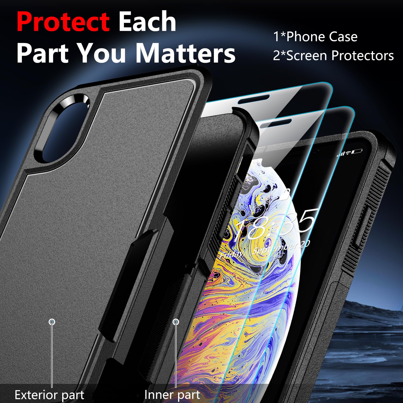 Spidercase For Iphone X Case/Iphone Xs Case, [Shockproof][Dropproof] [Non Slip] [2 Pcs Tempered Glass Screen Protector] Heavy Du