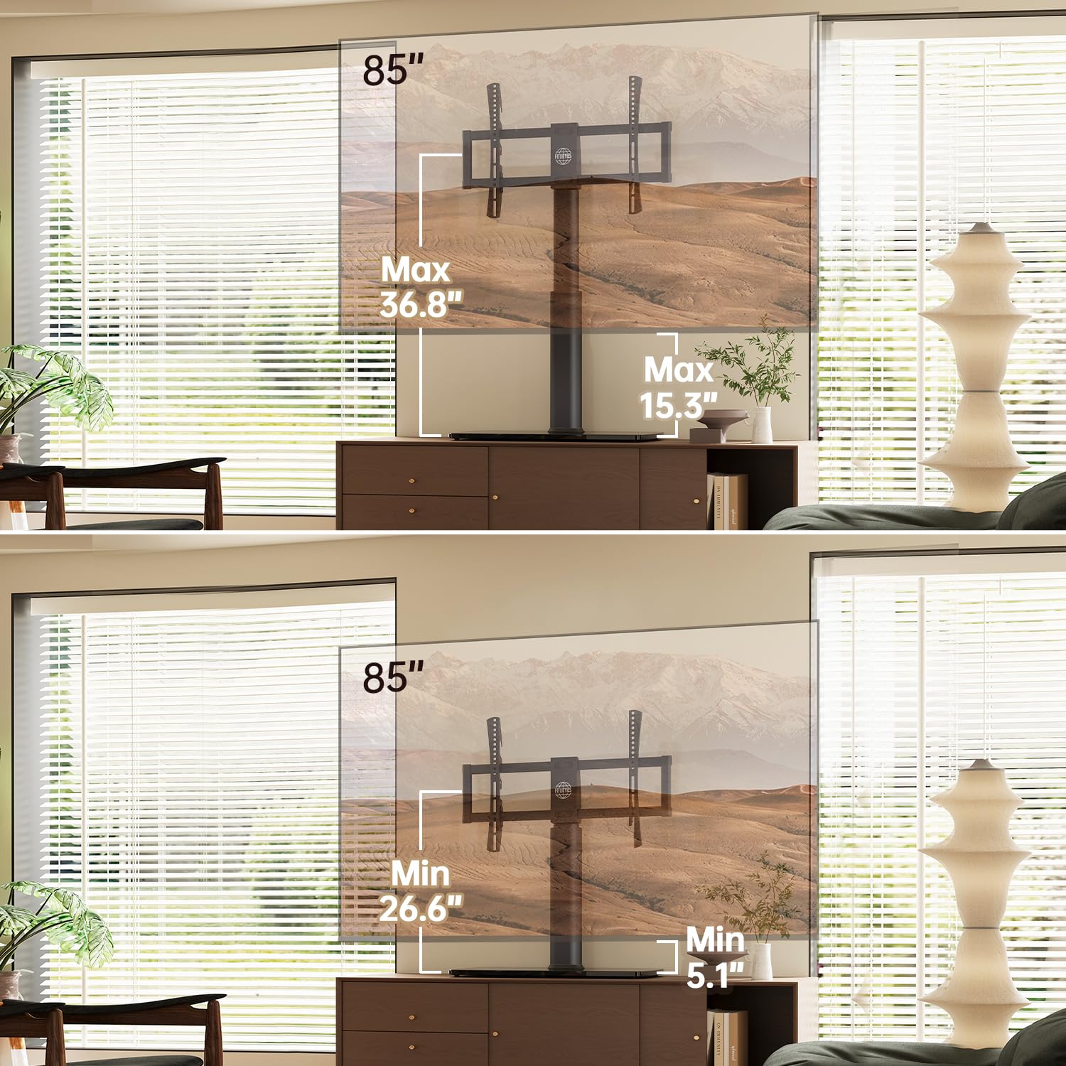 FITUEYES Universal TV Stand Mount for 43 80 85 inch TVs, Swivel Tall TV Mount Stand, Table Top TV Stand Base Replacement, Height Adjustable TV Table Stand, Glass Base, Max Holds 132lbs