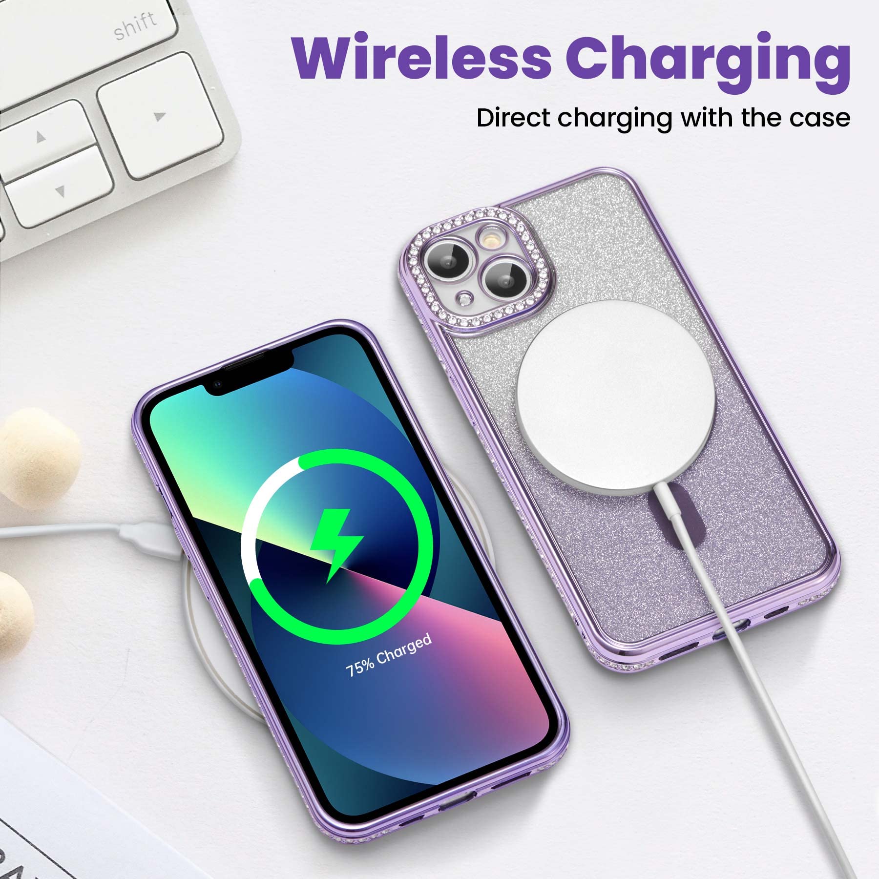 Zcdaye Case For Iphone 14 Pro Max With Diamond Decorated, Iphone 14 Pro Max Phone Case Compatible With Wirless Charging, Purple