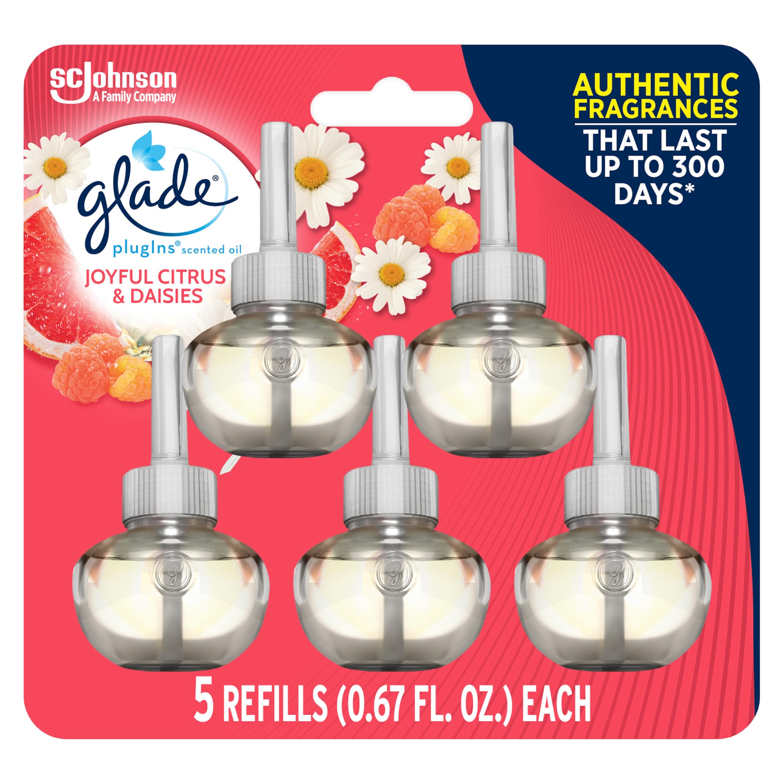 Glade Plugins Refills Air Freshener, Scented And Essential Oils For Home And Bathroom, Joyful Citrus & Daisies, 3.35 Fl Oz, 5 Co