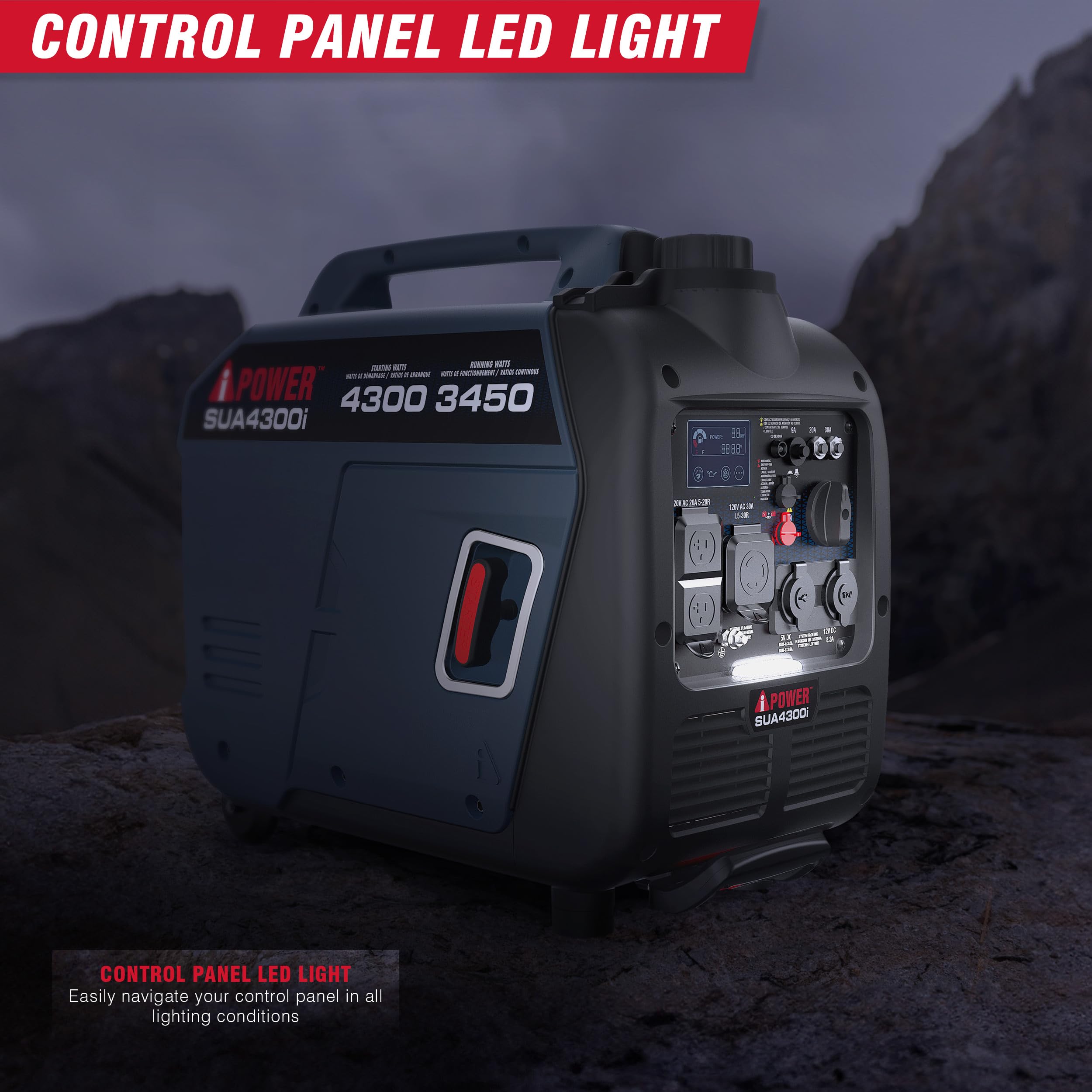 A Ipower Portable Inverter Generator Gas, 4300W Rv Ready, Epa & Carb Compliant Co Sensor, Portable Light Weight With Telescopic