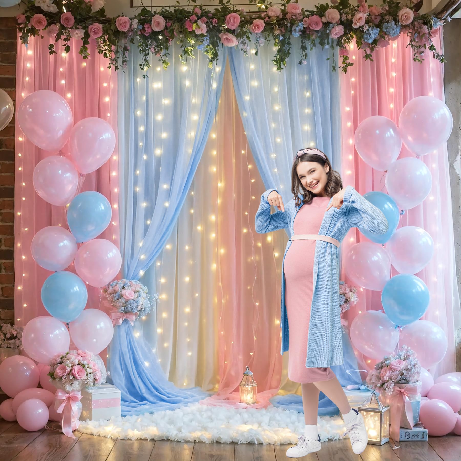 Pink And Blue Backdrop Curtains With Lights String For Baby Shower Sheer Tulle Backdrop Curtain For Gender Reveal Birthday Party