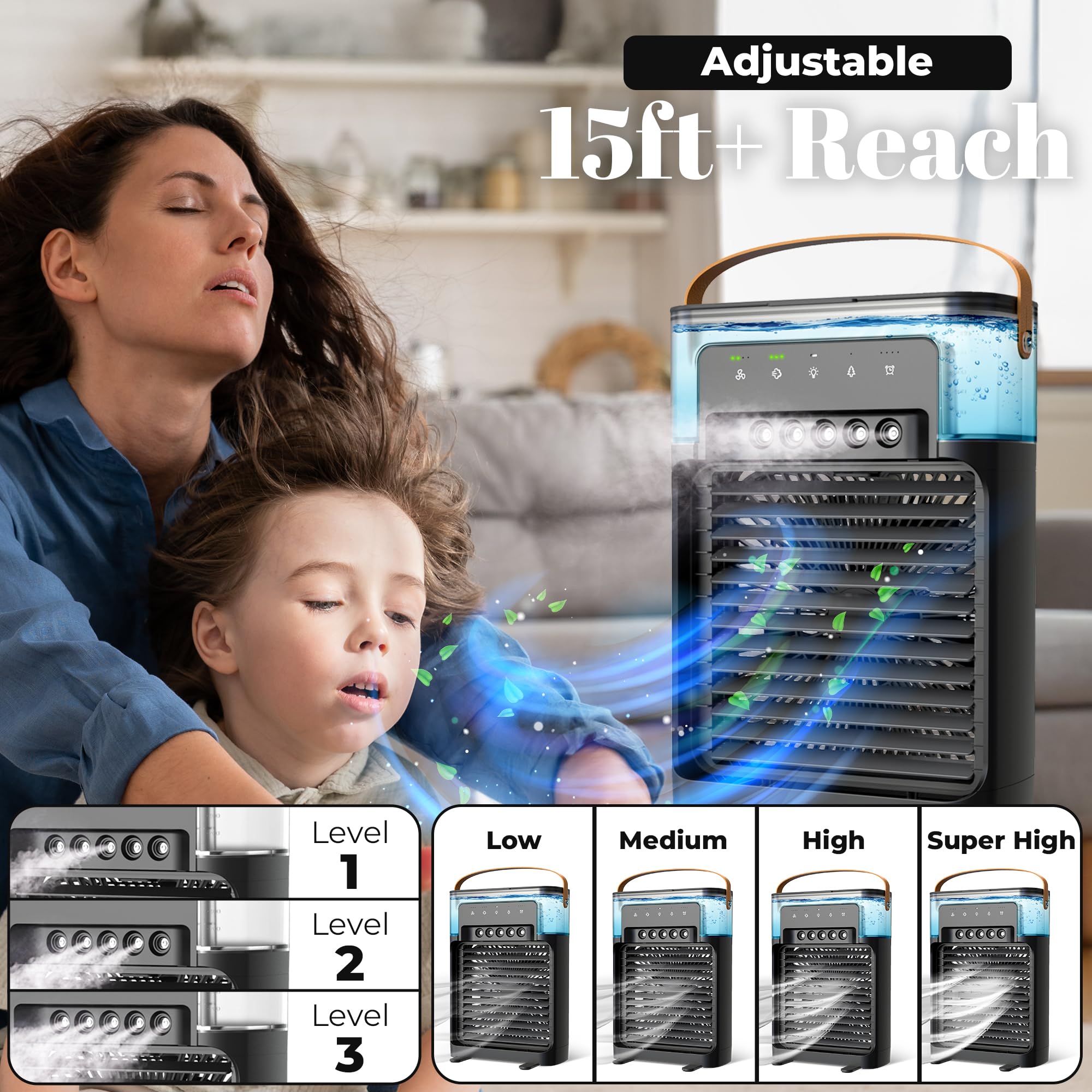 Portable Air Conditioner With Cooling Mist And Remote, Quiet Comfort With 4 Speeds, Xl 1200Ml Tank, Personal Ac Fan With 5 Mists