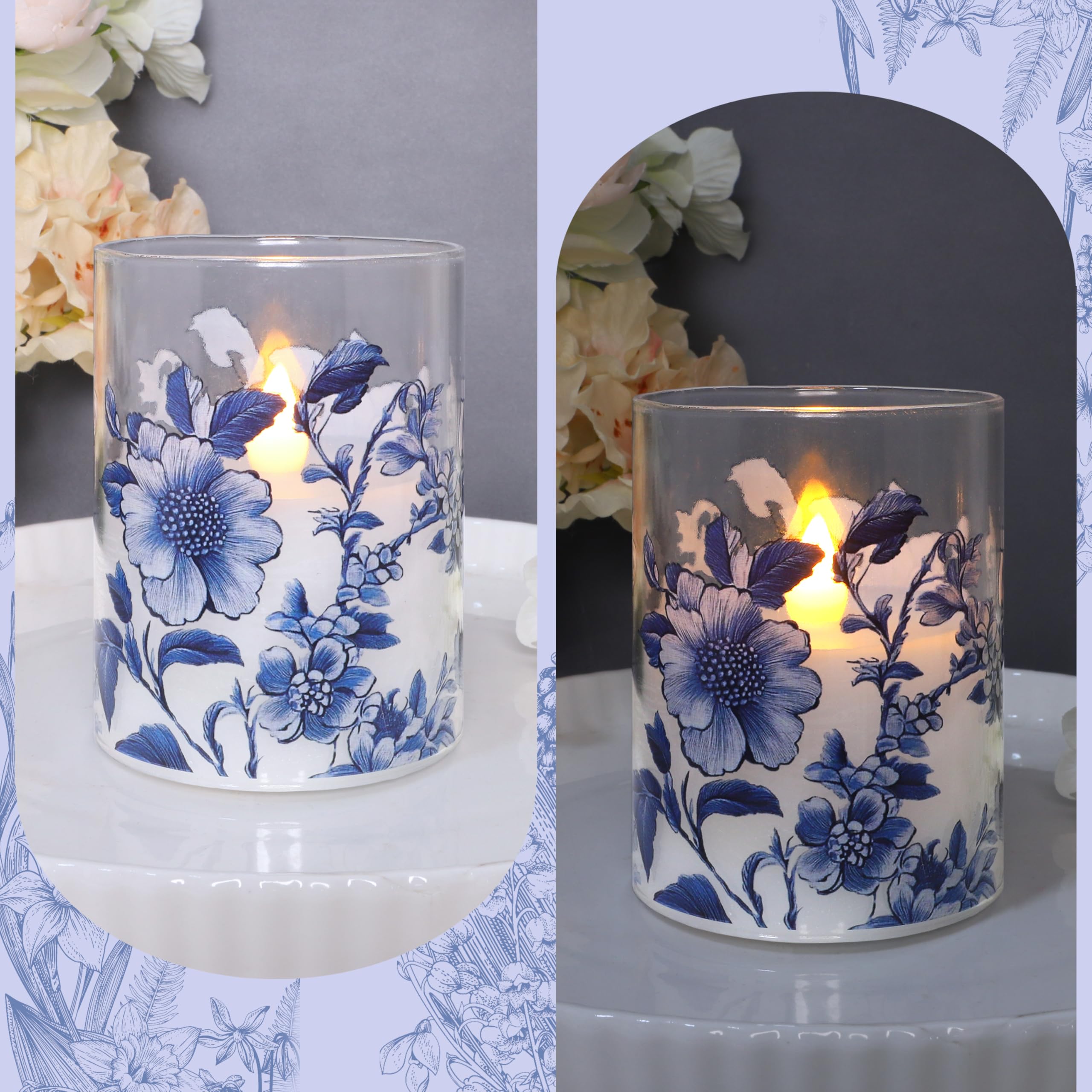 Flameless Candles Glass With Remote Control & Timer Function, Blue And White Porcelain Theme Design, Home Party Wedding Christma
