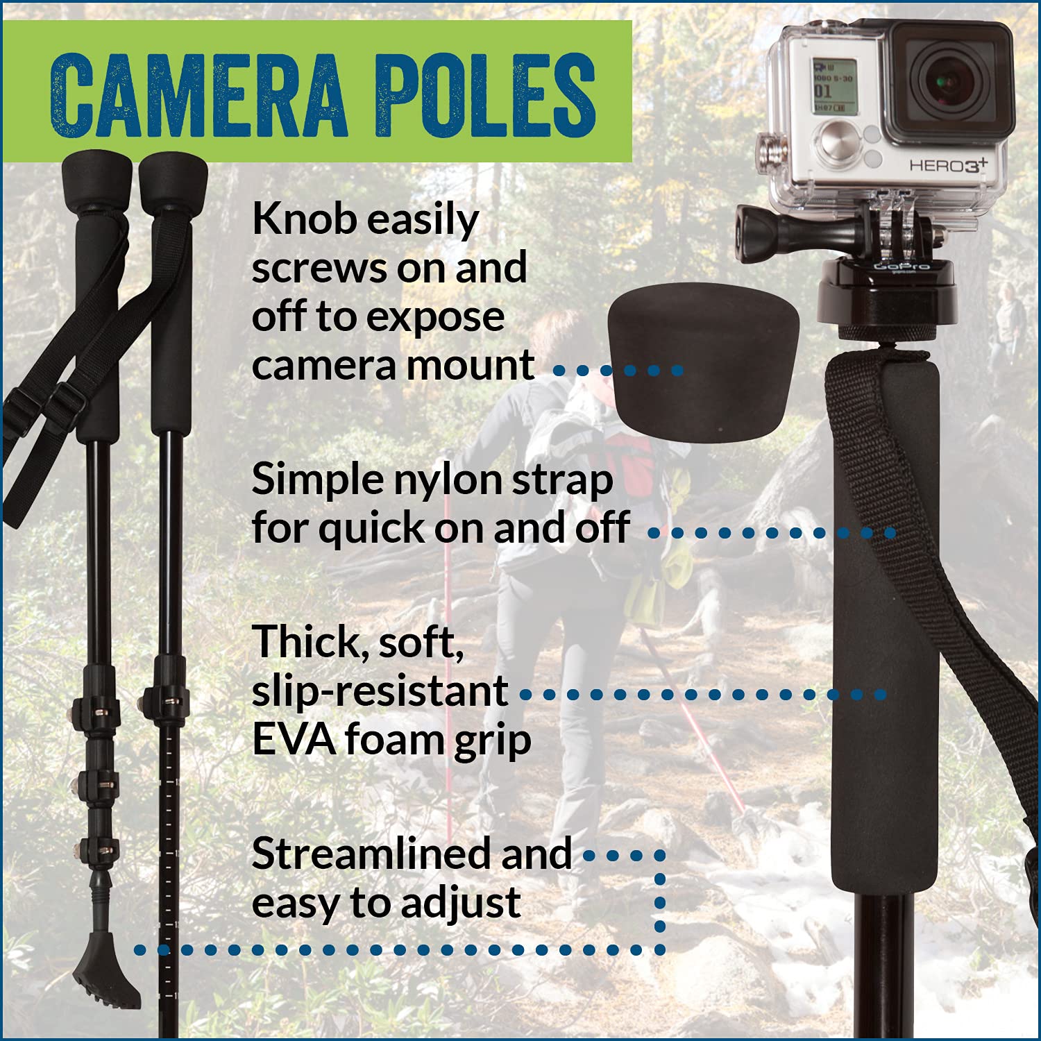 York Nordic Pro Collapsible 4 Piece Trekking/Walking Poles   Pair Of Monopod Poles W/3 Flip Locks, Detachable Rubber Feet, And G