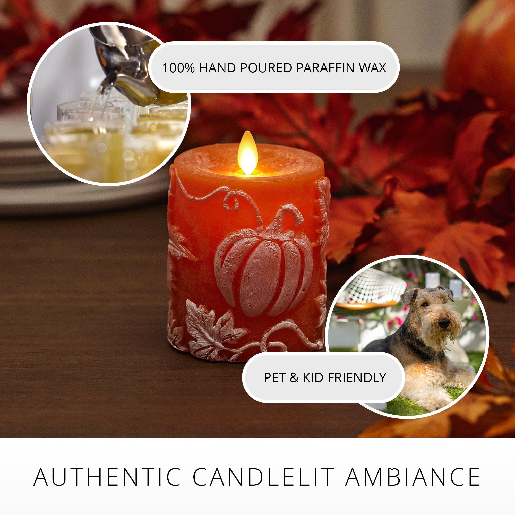 Luminara Embossed Leaves And Pumpkins Moving Flame Pillar Candle 3.25'' X 4.5'' With Recessed Edge Unscented Real Wax Led Batter