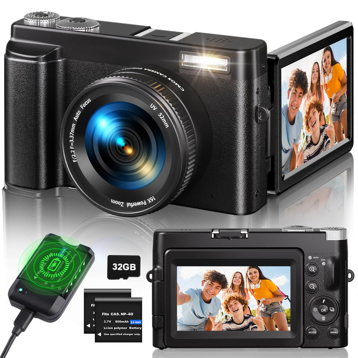 4K Digital Camera For Photography, 48Mp Auto Focus Vlogging Camera For Youtube, 16X Digital Zoom Compact Camera With 3'' 180 Fli