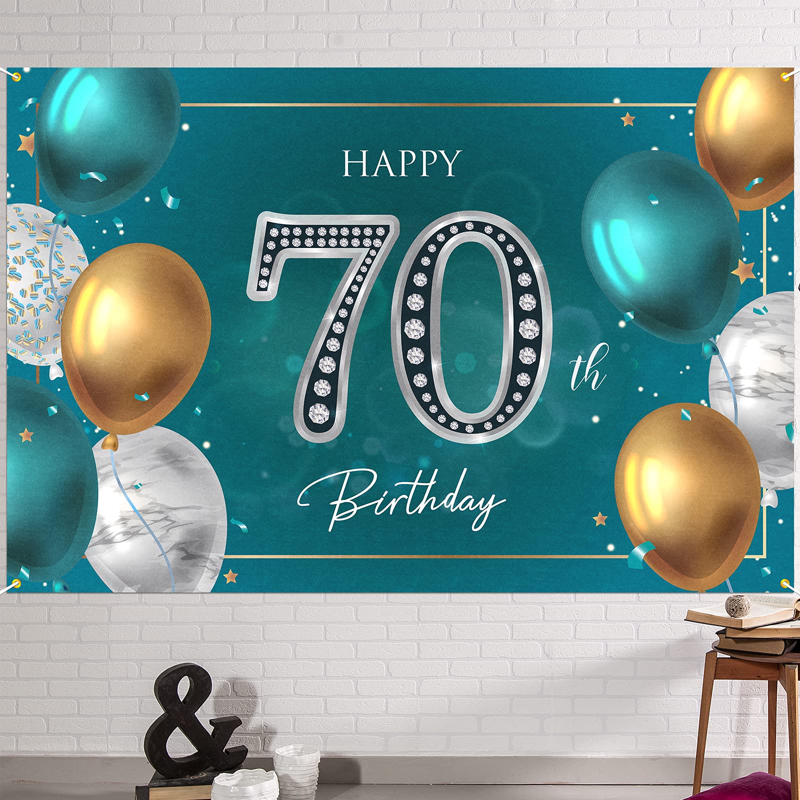 Hamigar 6X4Ft Happy 70Th Birthday Banner Backdrop   70 Years Old Birthday Decorations Party Supplies For Women Men   Green Silve