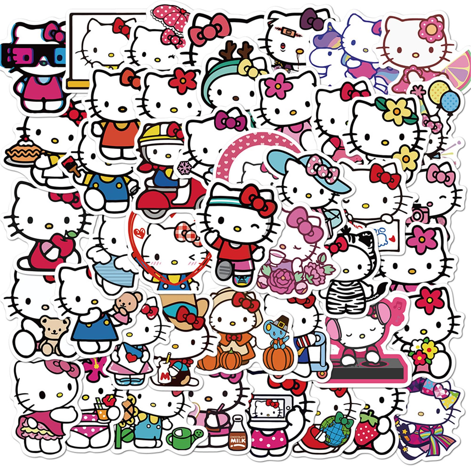 50Pcs Cute Cartoon Hello Kitty Stickers For Kids Teens, White Kitty Stickers Vinyl Waterproof Stickers For Skateboard Laptop Lug