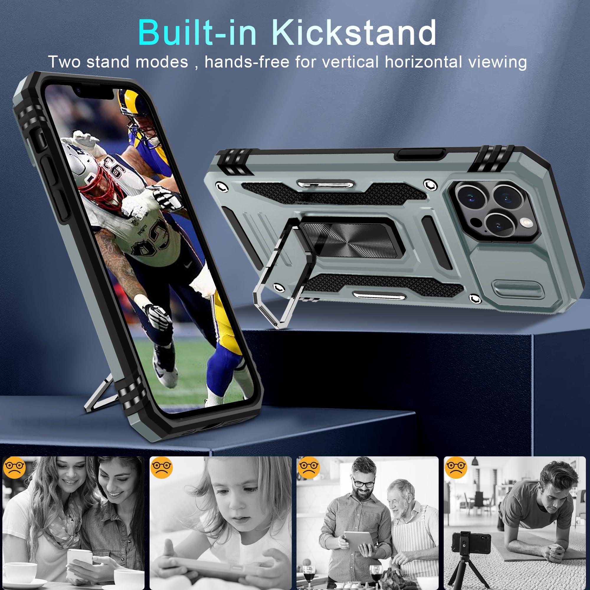 Deerlamn Case For Iphone 13 Pro Max With Slide Camera Cover+Screen Protector(1 Pack),Rotated Ring Kickstand Military Grade Shock