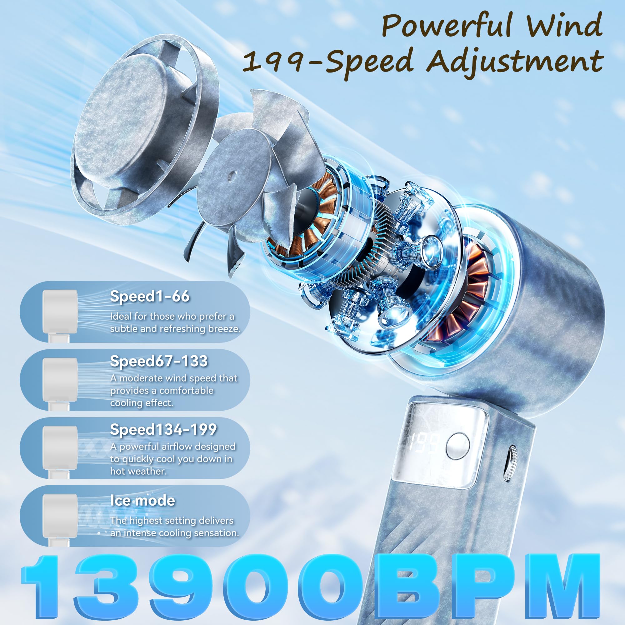 Portable Handheld Fan [24H Max Cooling], Turbo Fan Foldable With Usb Rechargeable, 1-199 Speed, Led Power Display, Small & Light
