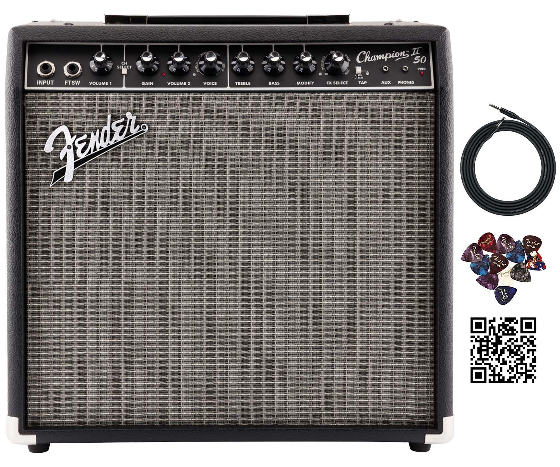 Fender Champion II 50-Watt Guitar Combo Amplifier Bundle with Instrument Cable, Picks, and Austin Bazaar Instructional Video