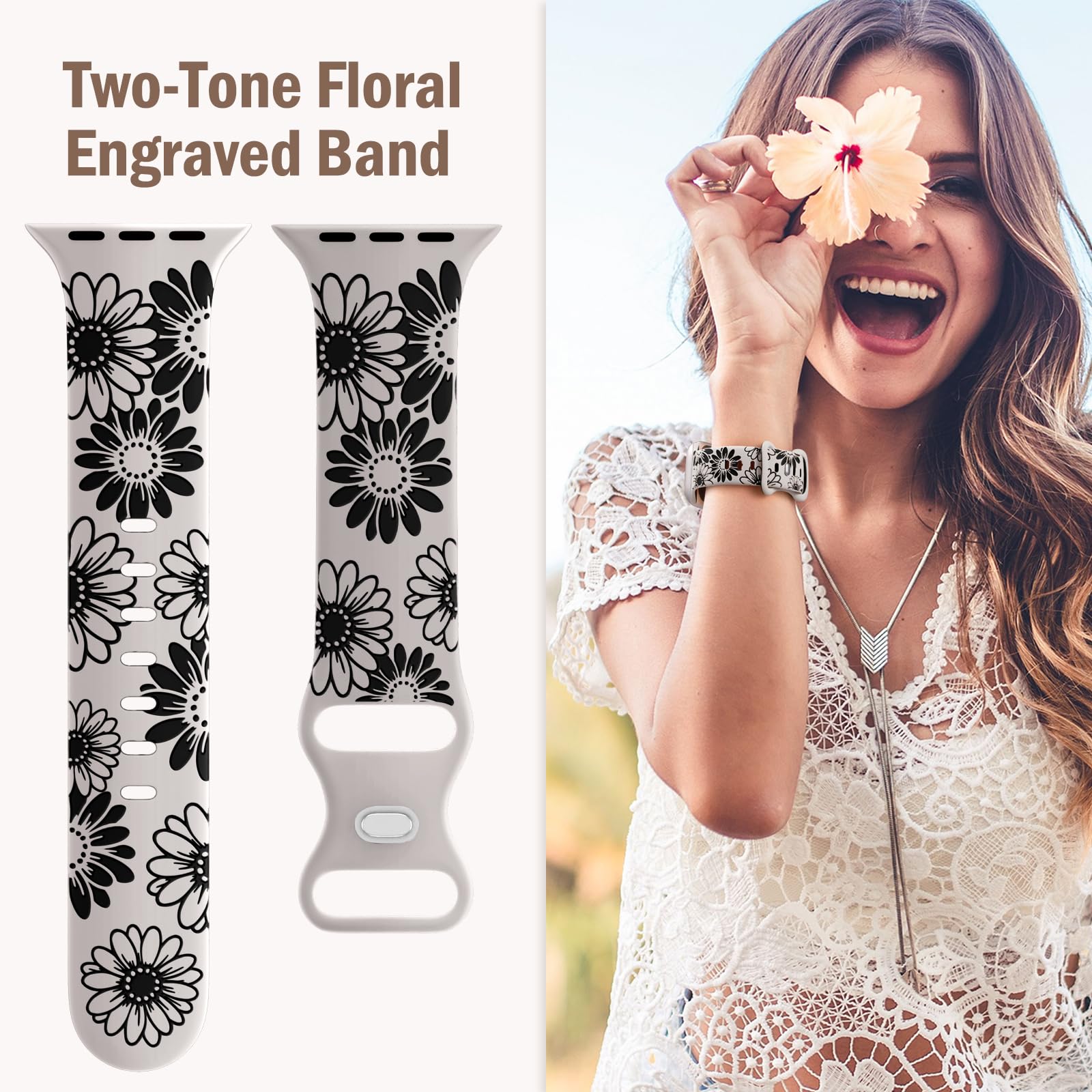 Daqin Sport Silicone Band Compatible With Apple Watch Band 44Mm 45Mm 46Mm 42Mm 49Mm 41Mm 40Mm 38Mm Women,Floral Engraved Band Wa