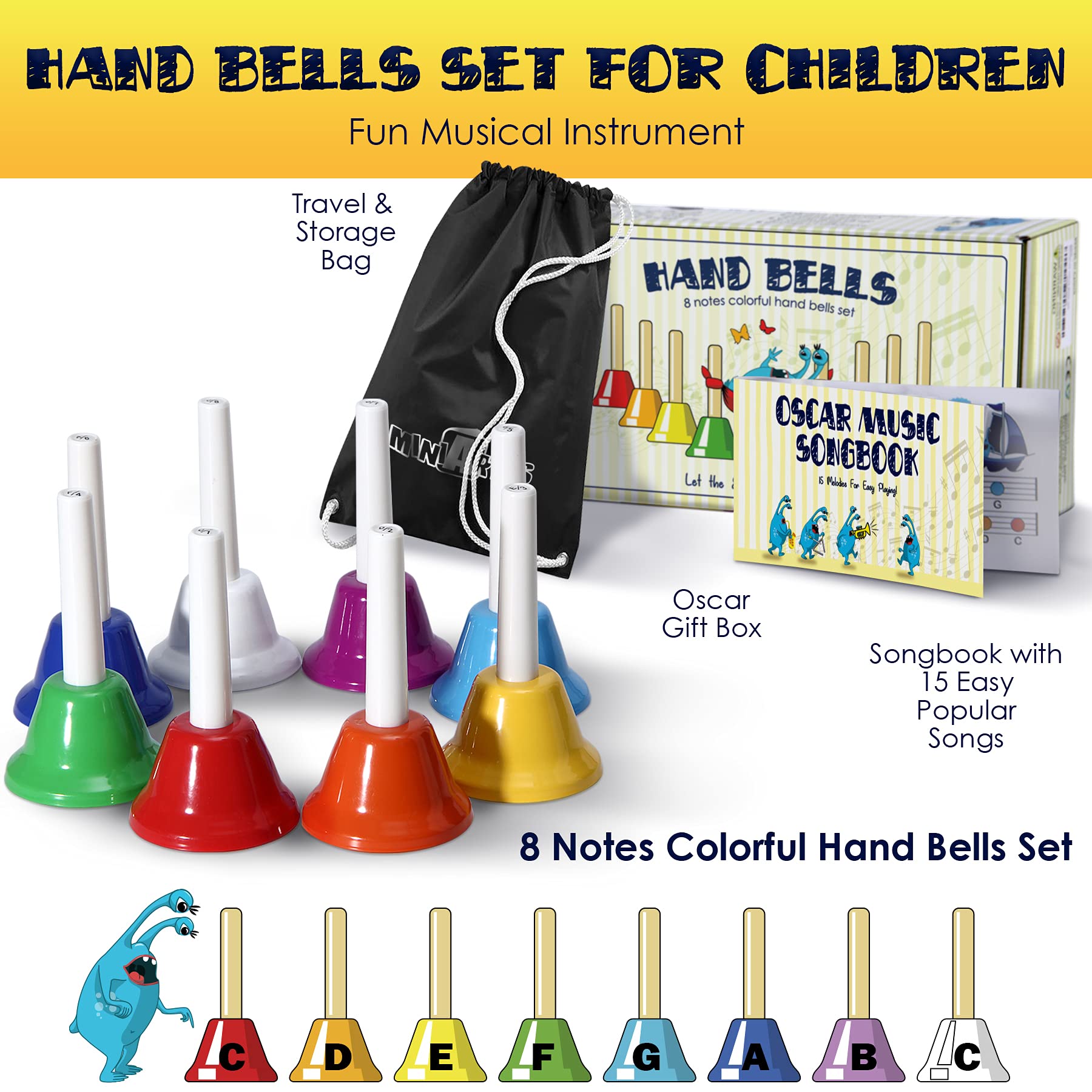 Miniartis Hand Bells For Kids | Educational Music Toys For Toddlers 8 Notes Colorful Handbells Set | Kids Musical Instrument Wit