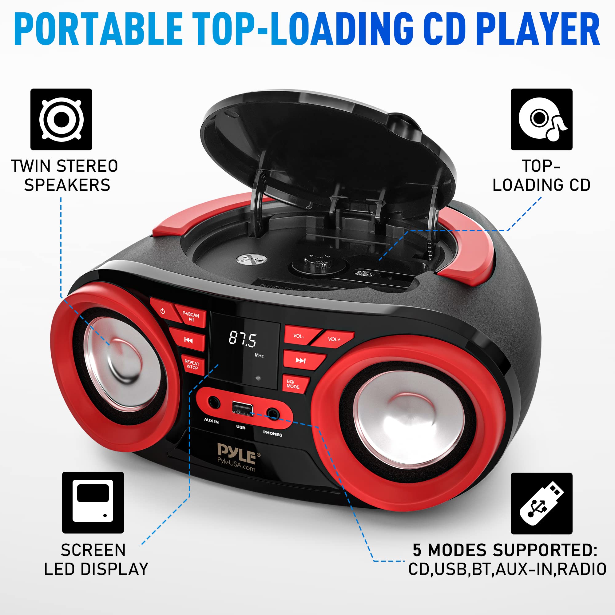 Pyleusa Portable Cd Player Bluetooth Boombox Speaker   Am/Fm Stereo Radio & Audio Sound, Supports Cd R Rw/Mp3/Wma, Usb, Aux, Hea