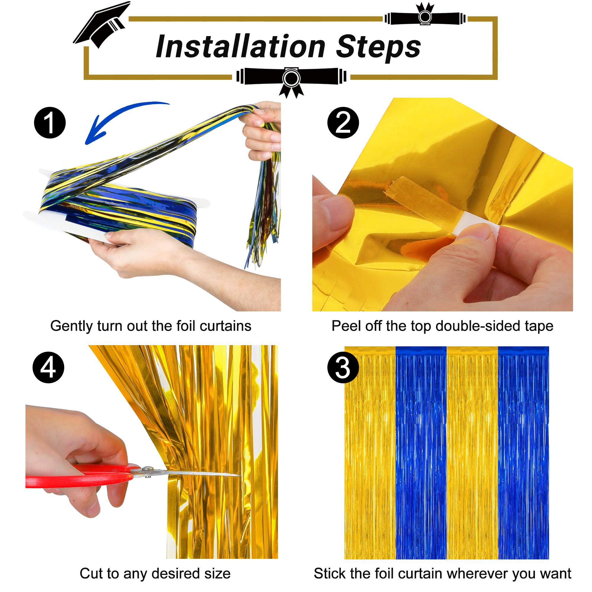 2 Pack Graduation Backdrop, 3.28 Ft X 7.05 Ft Class Of 2025 Decorations, Blue Gold Fringe Curtains Tinsel Backdrop Party Streame