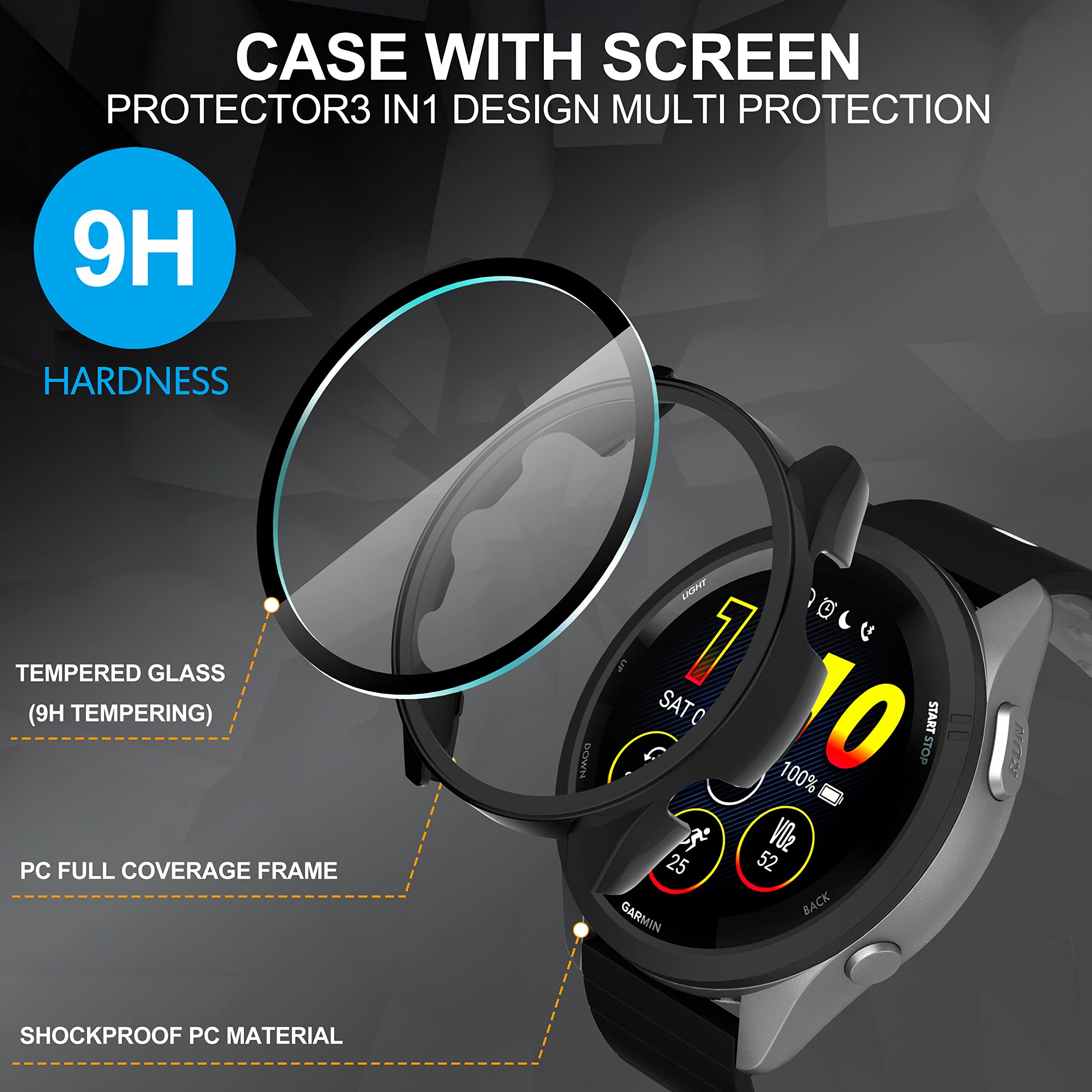 Suoman For Garmin Forerunner 265 Screen Protector Case, Ultra Thin Tempered Glass Full Coverage Case Cover For Garmin Forerunner