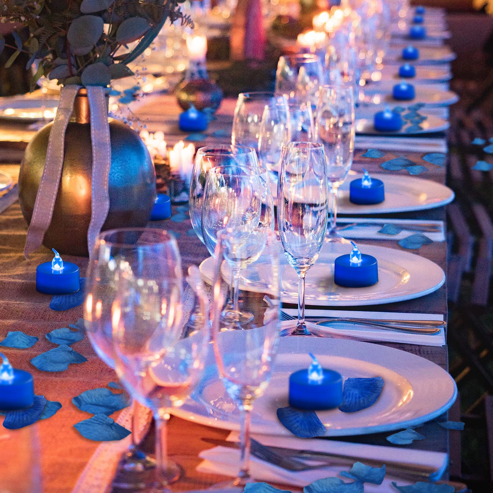 Lanker 500 Pcs Blue Artificial Rose Petals With 24 Pcs Flickering Blue Flameless Tea Lights Candles For Valentine'S Day And Roma