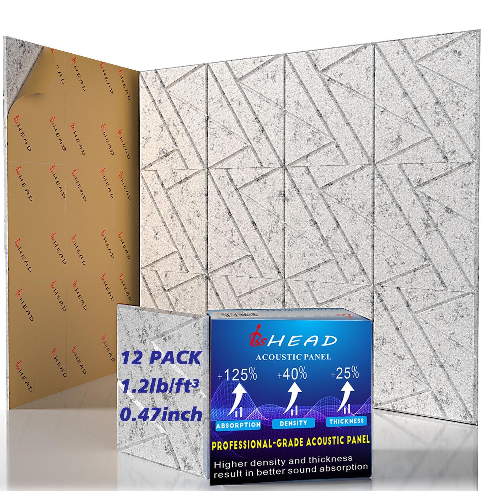 12 Pack Self Adhesive Soundproof Wall Panels, 12 X 12 X 0.47 In Sound Proof Foam Panels For Walls, 1.2Lb/Ft High Density, Thicke
