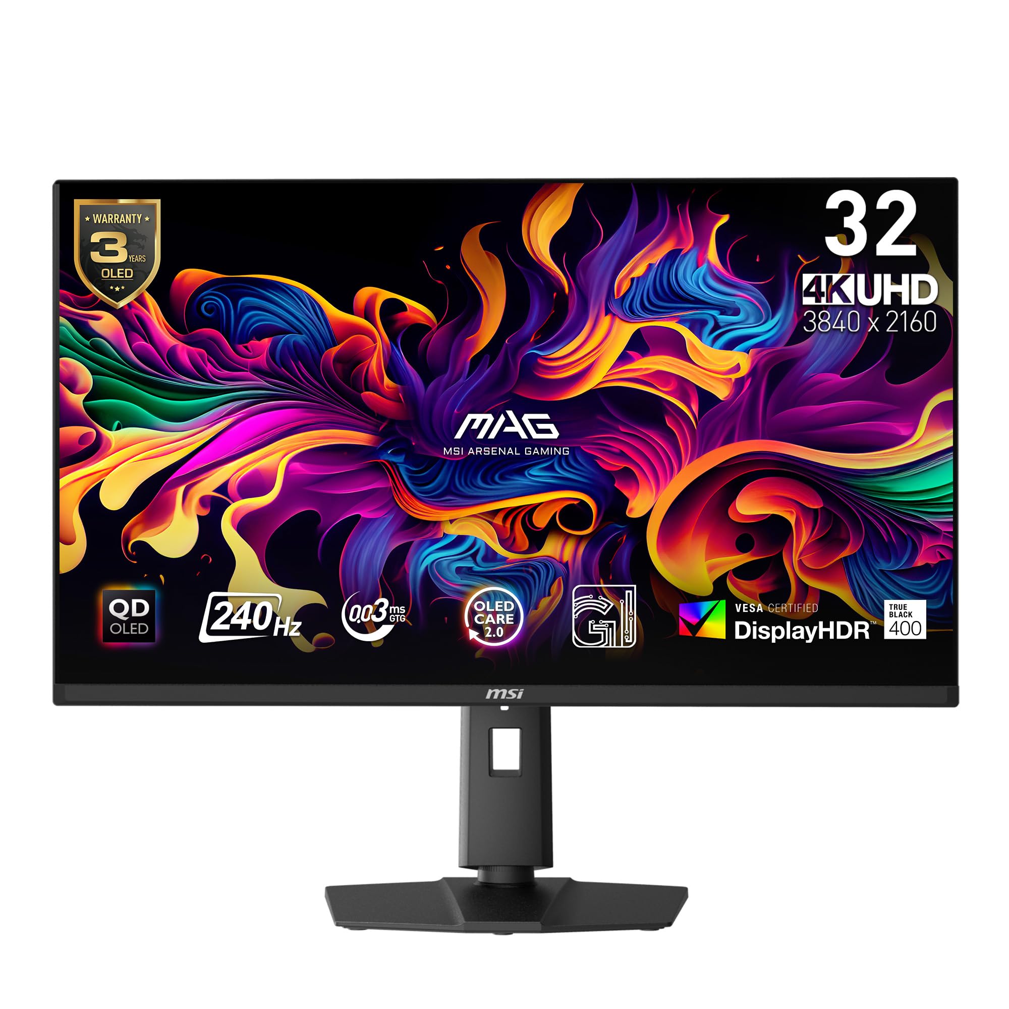 Msi Mag 321Upx Qd Oled, 32'' 4K Uhd Quantum Dot Oled Gaming Monitor, 3840 X 2160, 0.03Ms, 240Hz, True Black Hdr 400, 90W Usb Typ