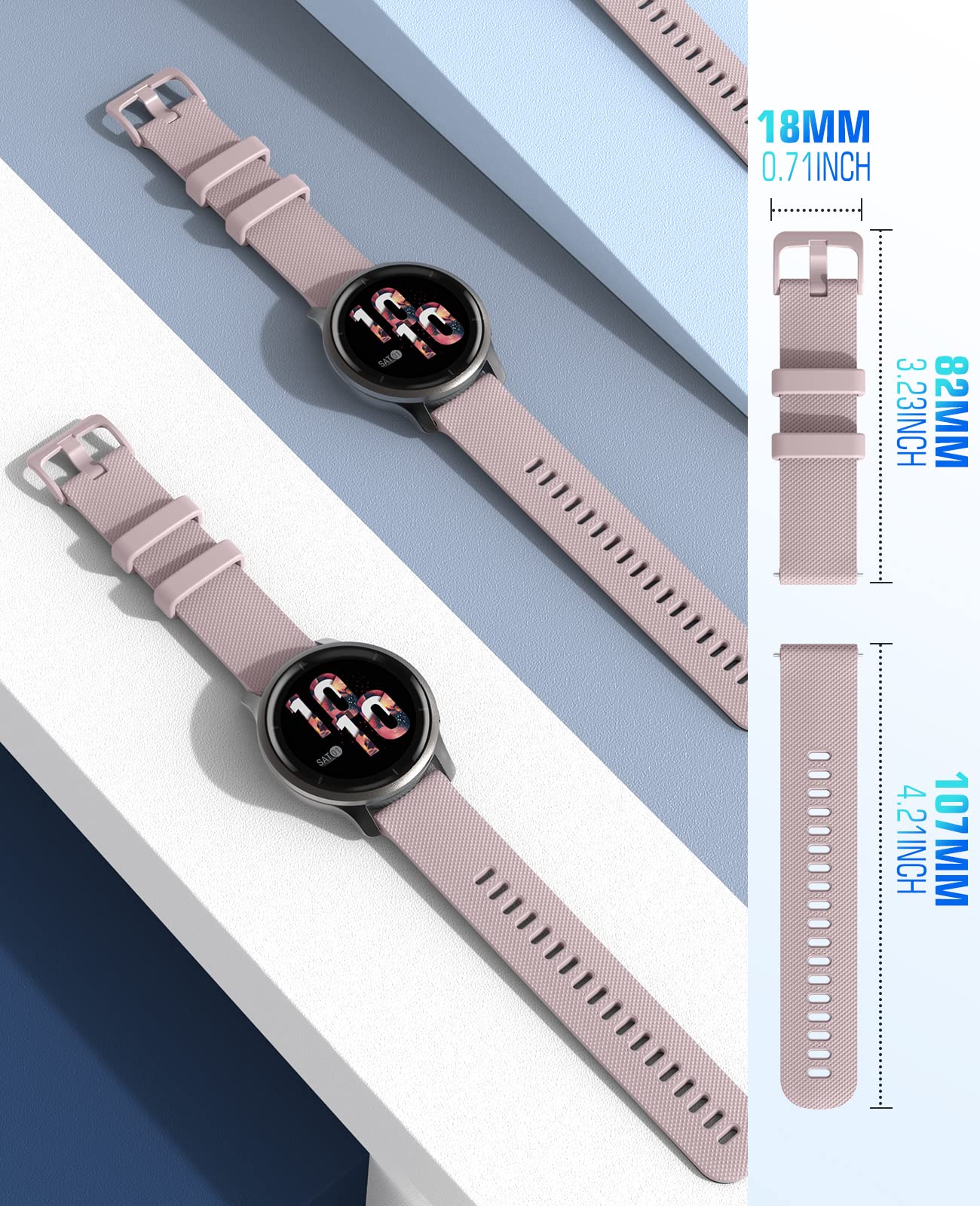 MoKo Watch Band Compatible with Garmin Forerunner 265S/255S/255S Music/Vivoactive 4S/Venu 3S/Venu 2S/Vivomove 3S Smartwatch, 18MM Soft Silicone Adjustable Replacement Strap, Rose Pink