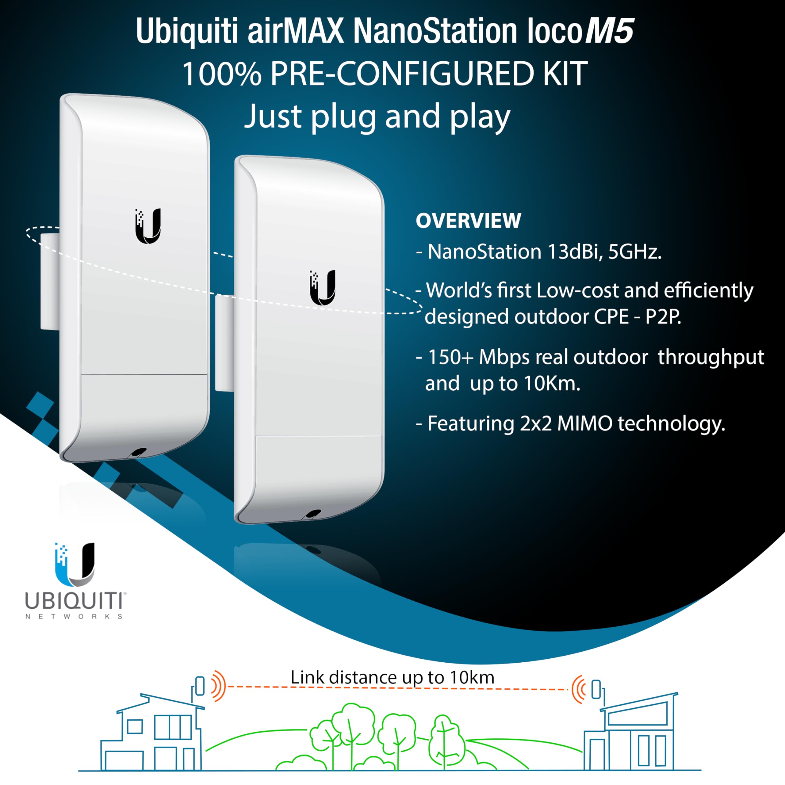 Wireless Bridge Ubiquiti Locom5 Pre Configured, Bundle Of 2 Ubiquiti Nanostation Loco M5, Point To Point Outdoor Wifi Bridge, Pl