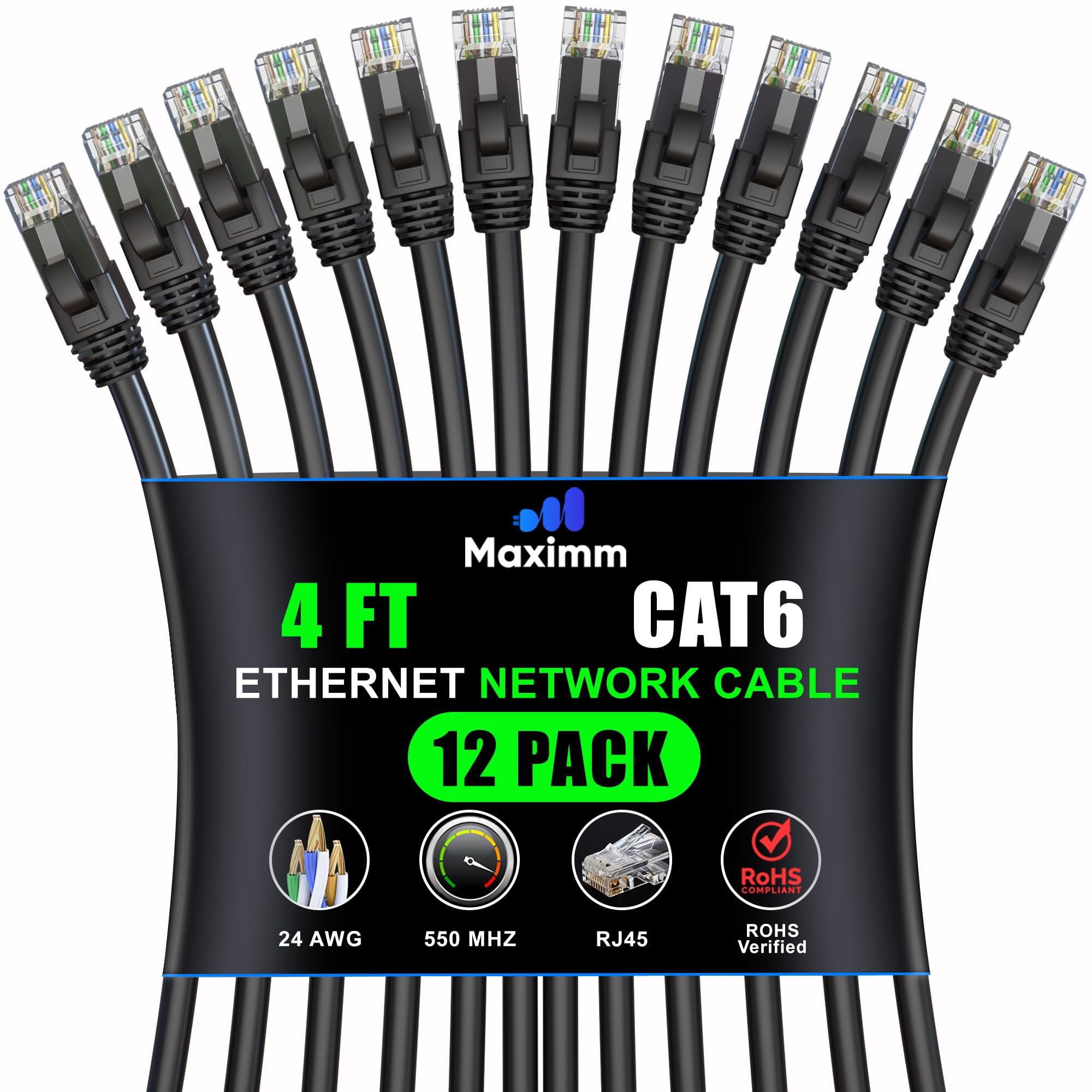 Maximm Cat 6 Ethernet Cable 4 Ft (12 Pack)   High Speed Lan Cable, Internet Cable, Patch Cable, And Network Cable   Utp, 10Gbps, 550Mhz Ethernet Cord   Black